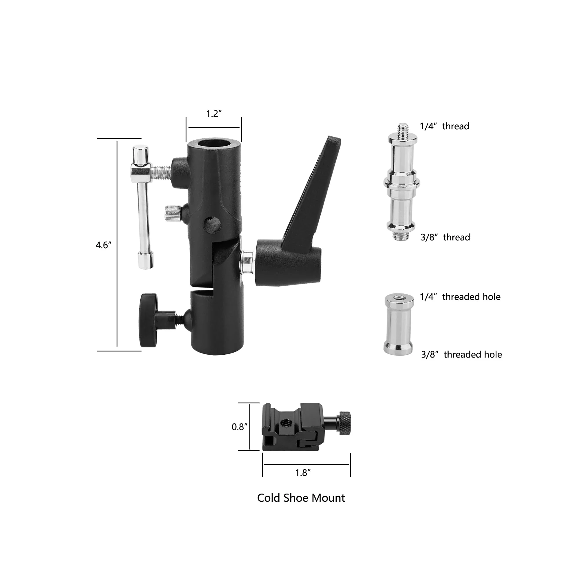 Camera Flash Bracket with Cold Shoe Mount, Solid Metal Material, Adjustable Speedlite Swivel Light Stand Bracket with Umbrella Holder,1/4 to 3/8 Adapter Screw for Flashes Studio LED Lights - Image 2