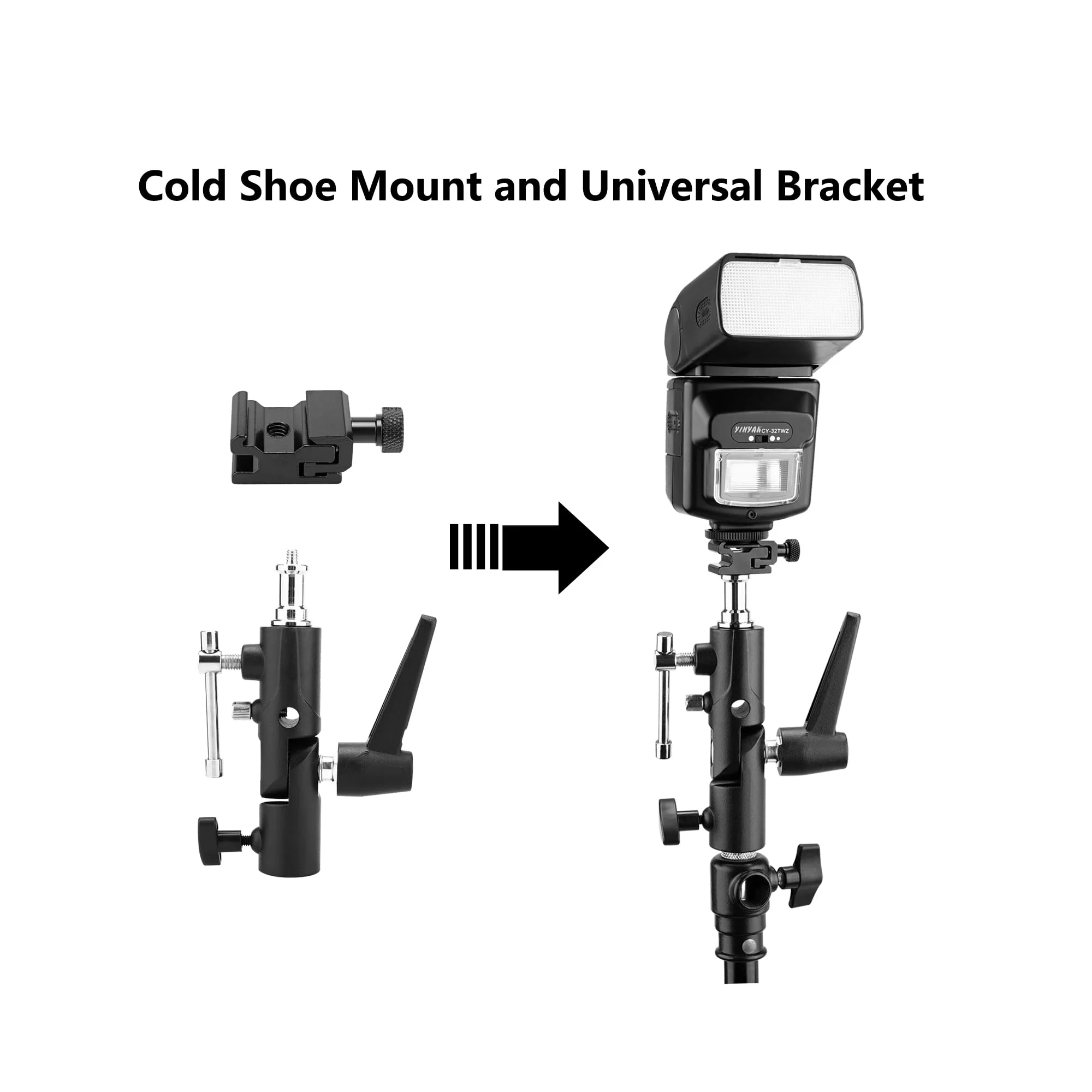 Camera Flash Bracket with Cold Shoe Mount, Solid Metal Material, Adjustable Speedlite Swivel Light Stand Bracket with Umbrella Holder,1/4 to 3/8 Adapter Screw for Flashes Studio LED Lights - Image 4