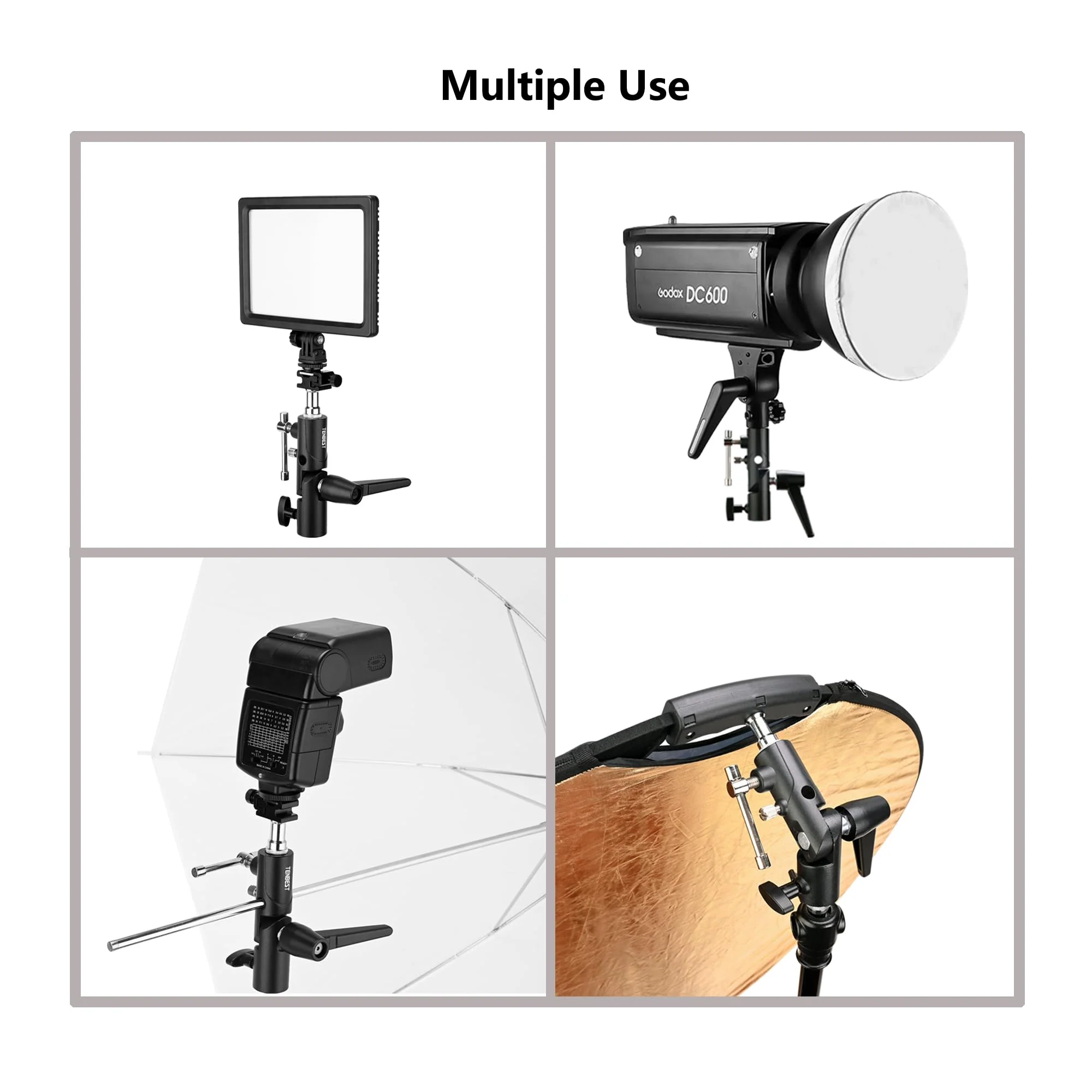 Camera Flash Bracket with Cold Shoe Mount, Solid Metal Material, Adjustable Speedlite Swivel Light Stand Bracket with Umbrella Holder,1/4 to 3/8 Adapter Screw for Flashes Studio LED Lights - Image 5
