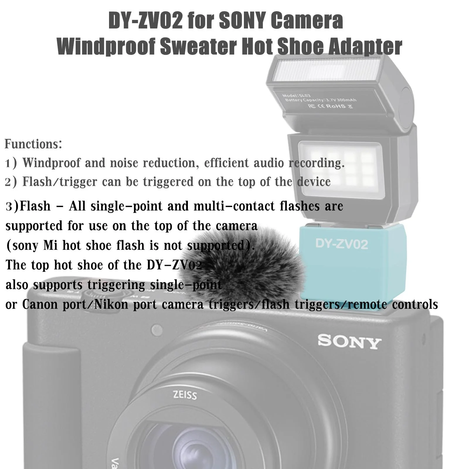Camera Hot Shoe Wind Muff Adapter Compatible with Sony Zv-1,Zv-1 Ii,Zv-E10,Av-E10M2 and Zv-E1 Accessories Multi-Functional Mic Flash Mount Compatible with External Flash Attachment(1PCS) DY-ZV02 1PCS - Image 2