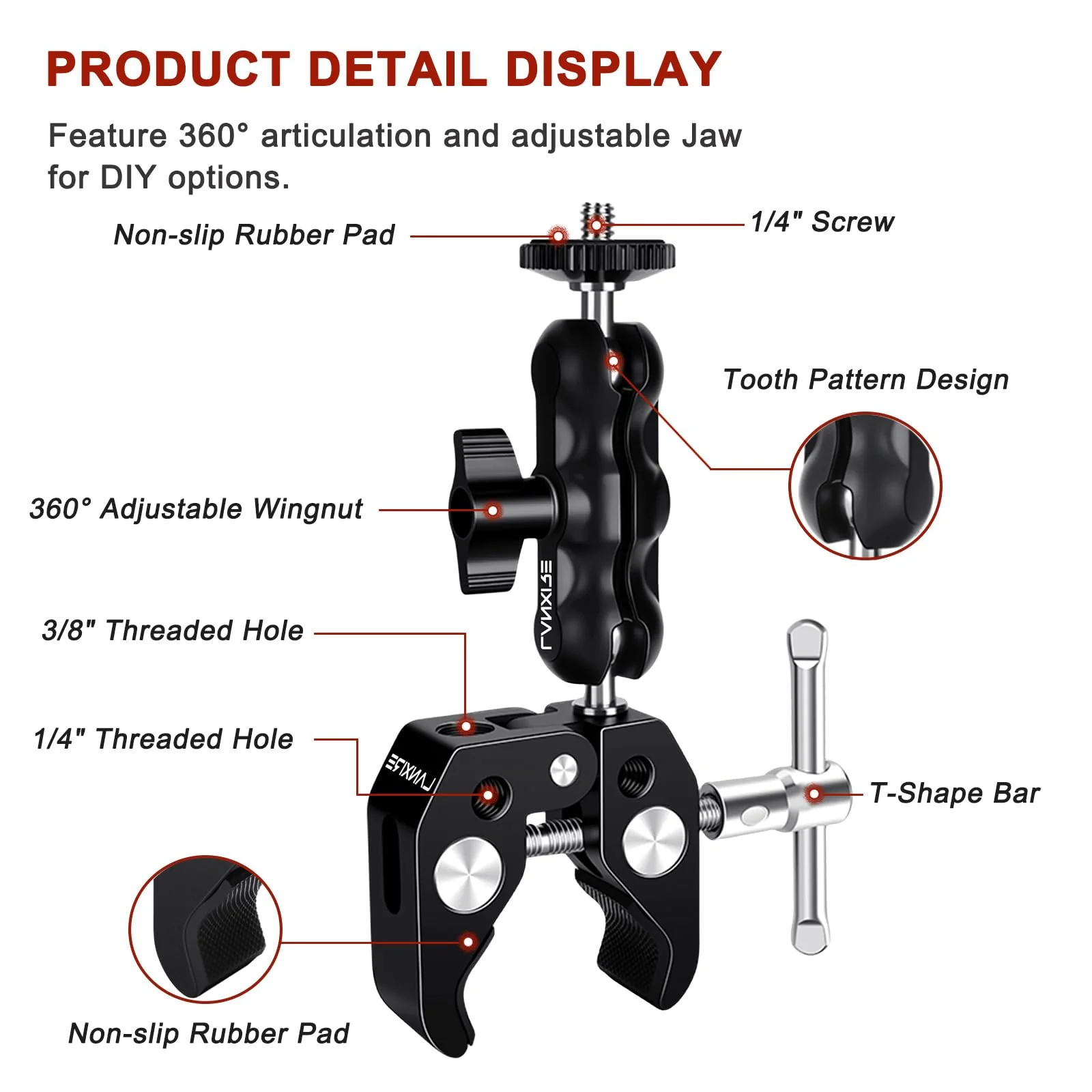 Camera Mount Clamp with Double Ball Head Adapter - 2 Pack. Compatible with LED Lights, Gopro, Insta360, DJI Action, Ronin-M, Ronin MX. 360° Ballhead and 1/4’’ + 3/8’’ Thread Hole. - Image 2