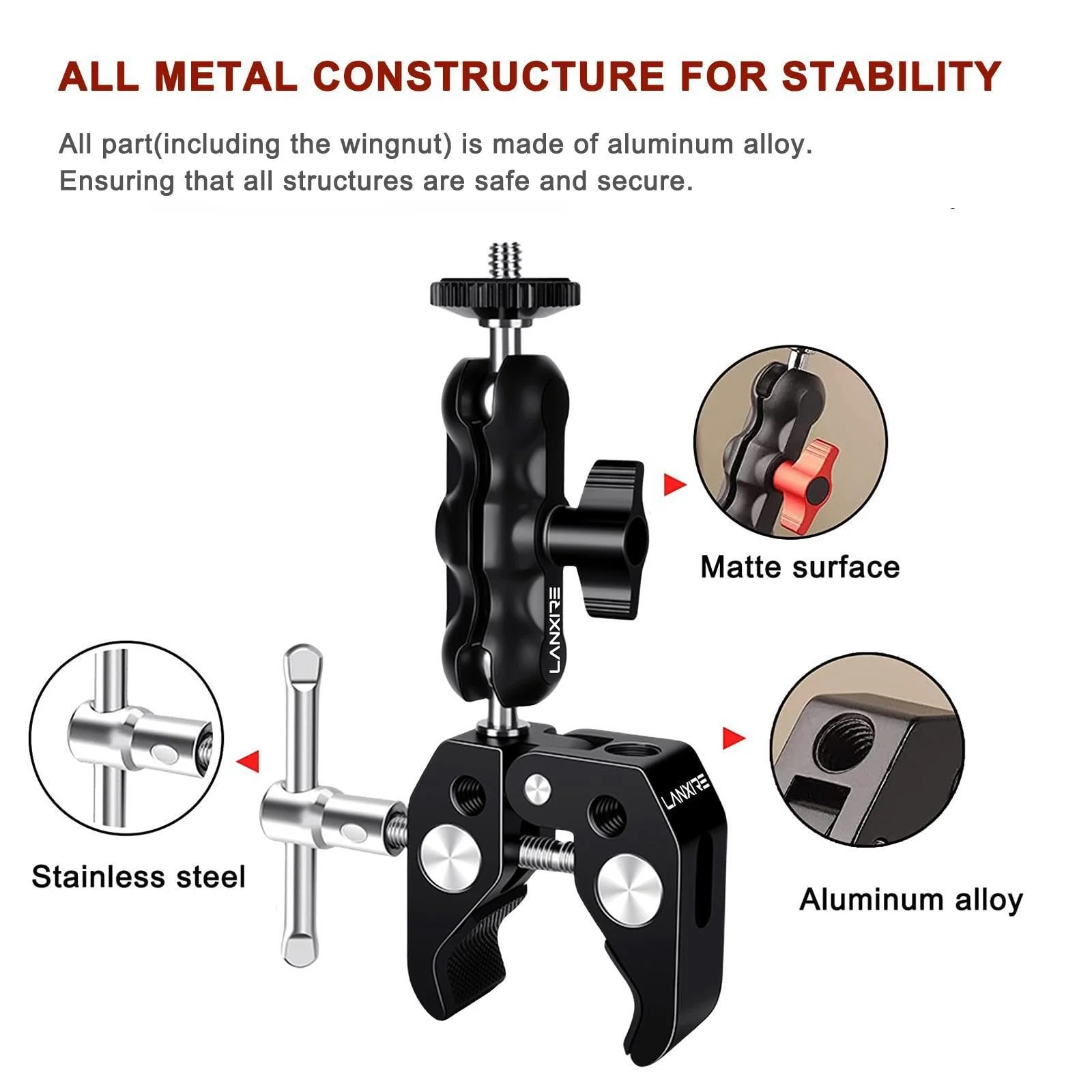 Camera Mount Clamp with Double Ball Head Adapter - 2 Pack. Compatible with LED Lights, Gopro, Insta360, DJI Action, Ronin-M, Ronin MX. 360° Ballhead and 1/4’’ + 3/8’’ Thread Hole. - Image 3