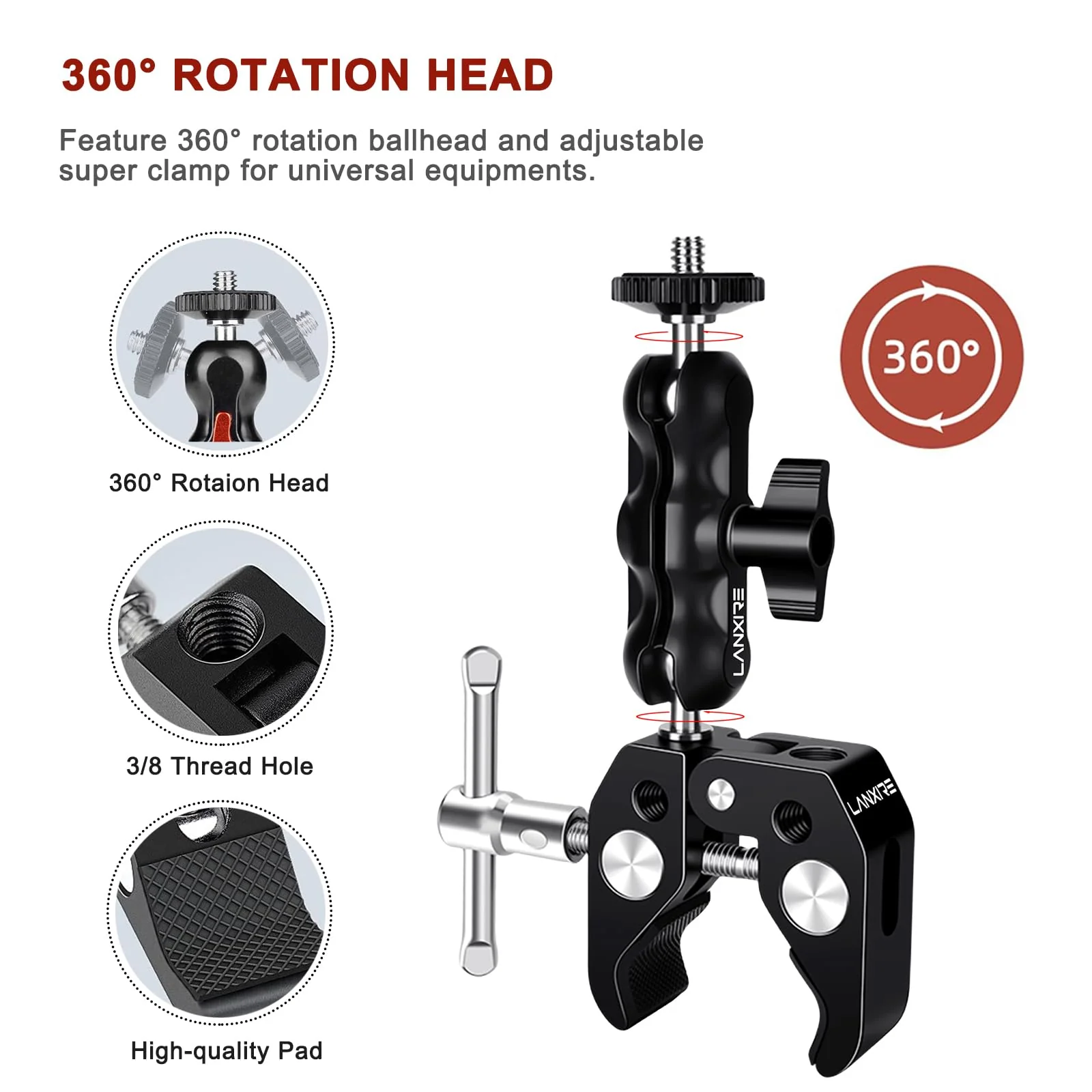 Camera Mount Clamp with Double Ball Head Adapter - 2 Pack. Compatible with LED Lights, Gopro, Insta360, DJI Action, Ronin-M, Ronin MX. 360° Ballhead and 1/4’’ + 3/8’’ Thread Hole. - Image 4