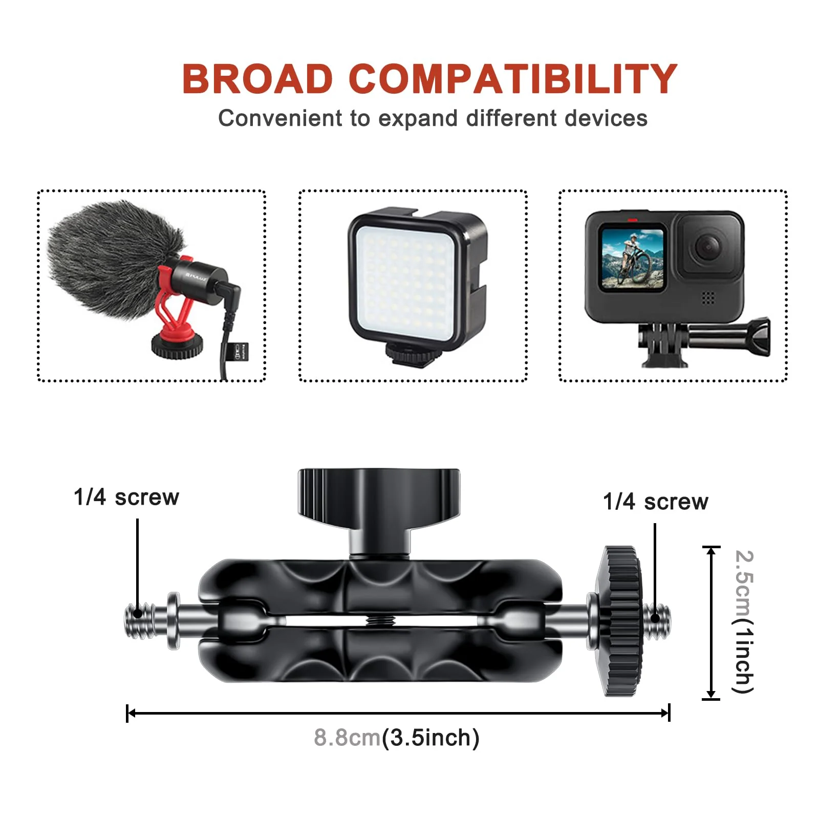 Camera Mount Clamp with Double Ball Head Adapter - 2 Pack. Compatible with LED Lights, Gopro, Insta360, DJI Action, Ronin-M, Ronin MX. 360° Ballhead and 1/4’’ + 3/8’’ Thread Hole. - Image 5