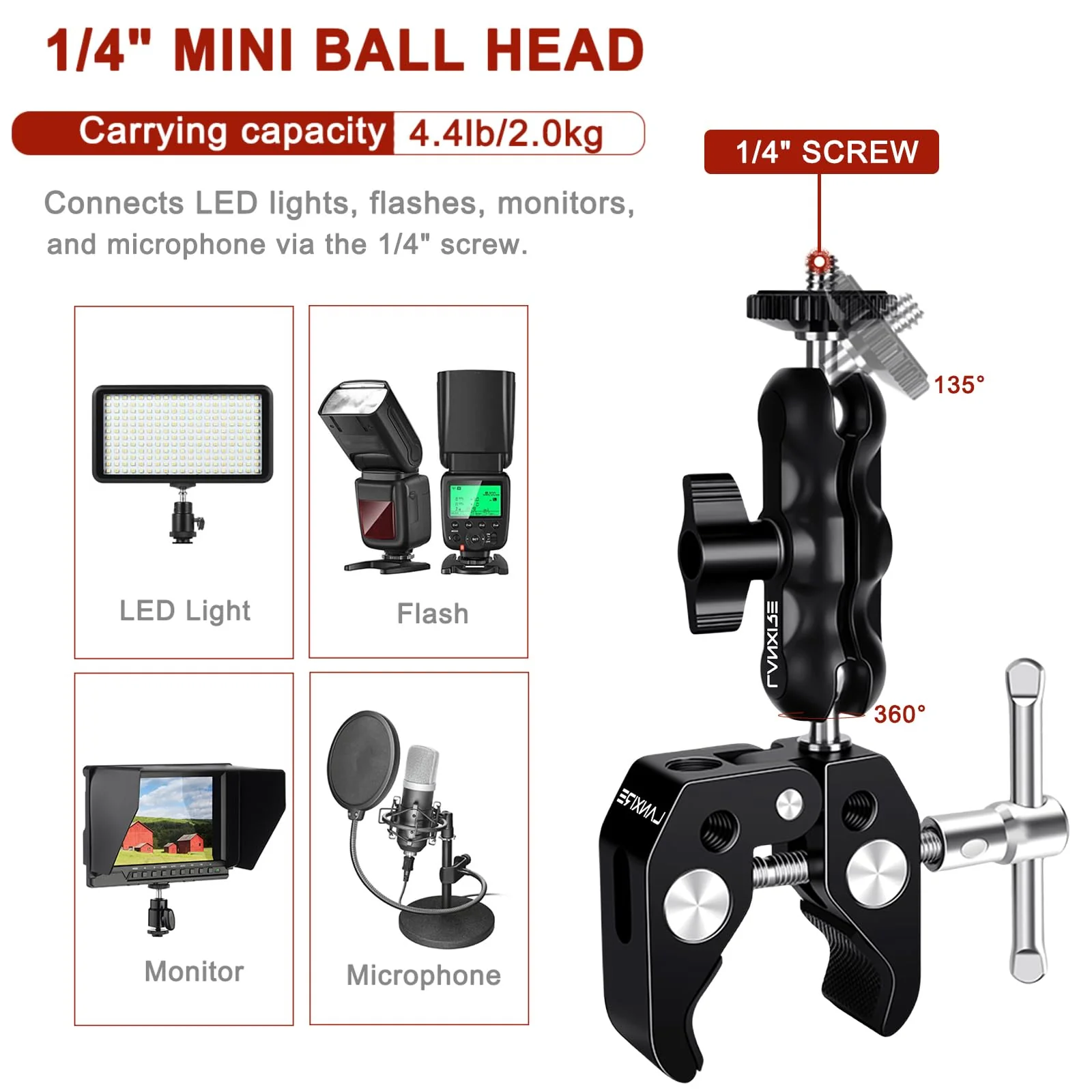 Camera Mount Clamp with Double Ball Head Adapter - 2 Pack. Compatible with LED Lights, Gopro, Insta360, DJI Action, Ronin-M, Ronin MX. 360° Ballhead and 1/4’’ + 3/8’’ Thread Hole. - Image 6