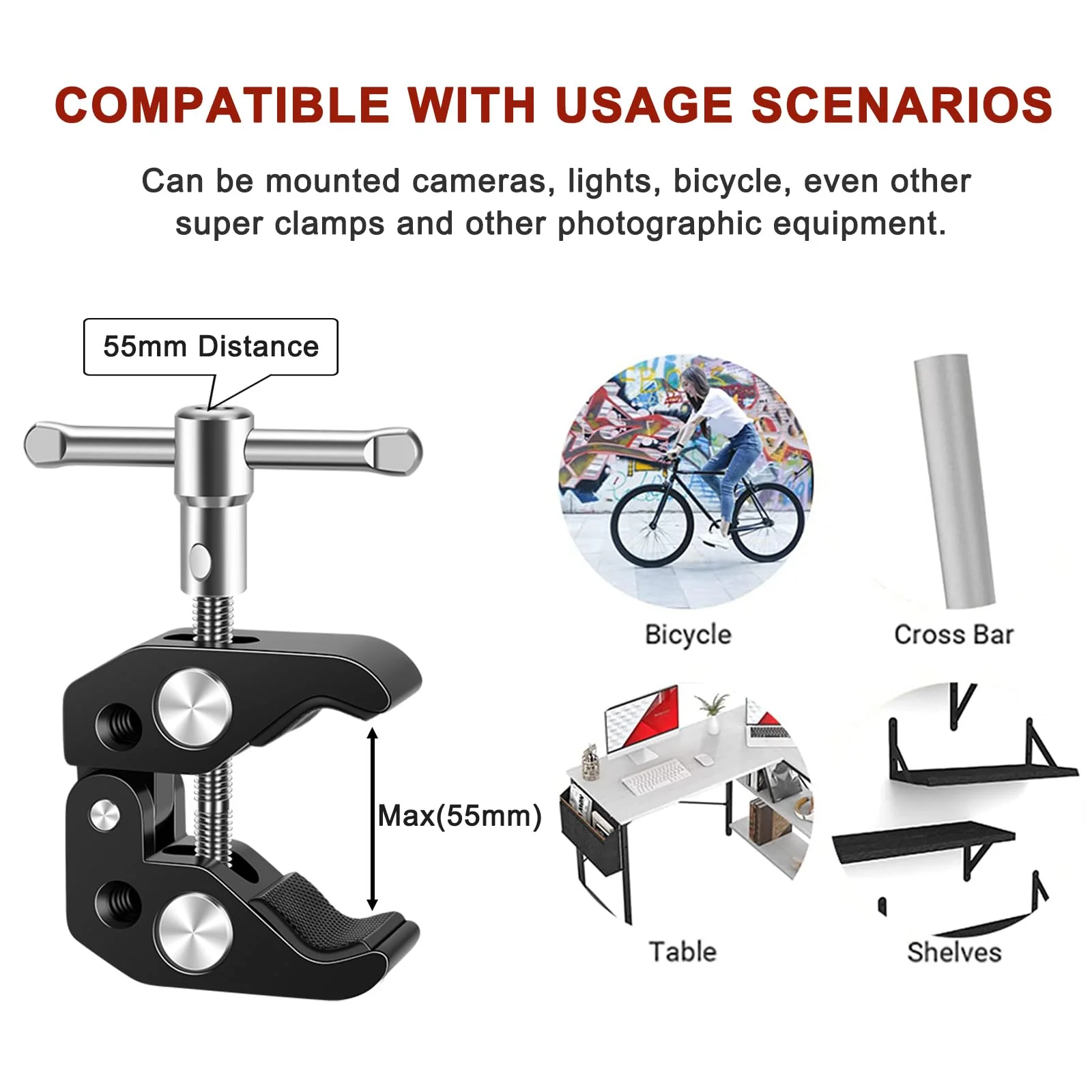 Camera Mount Clamp with Double Ball Head Adapter - 2 Pack. Compatible with LED Lights, Gopro, Insta360, DJI Action, Ronin-M, Ronin MX. 360° Ballhead and 1/4’’ + 3/8’’ Thread Hole. - Image 7