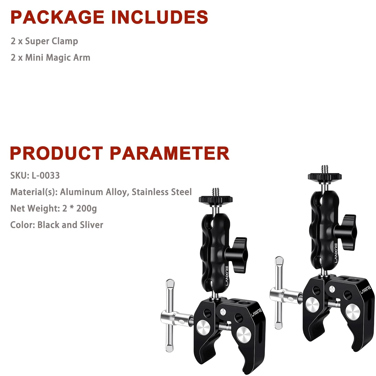 Camera Mount Clamp with Double Ball Head Adapter - 2 Pack. Compatible with LED Lights, Gopro, Insta360, DJI Action, Ronin-M, Ronin MX. 360° Ballhead and 1/4’’ + 3/8’’ Thread Hole. - Image 9