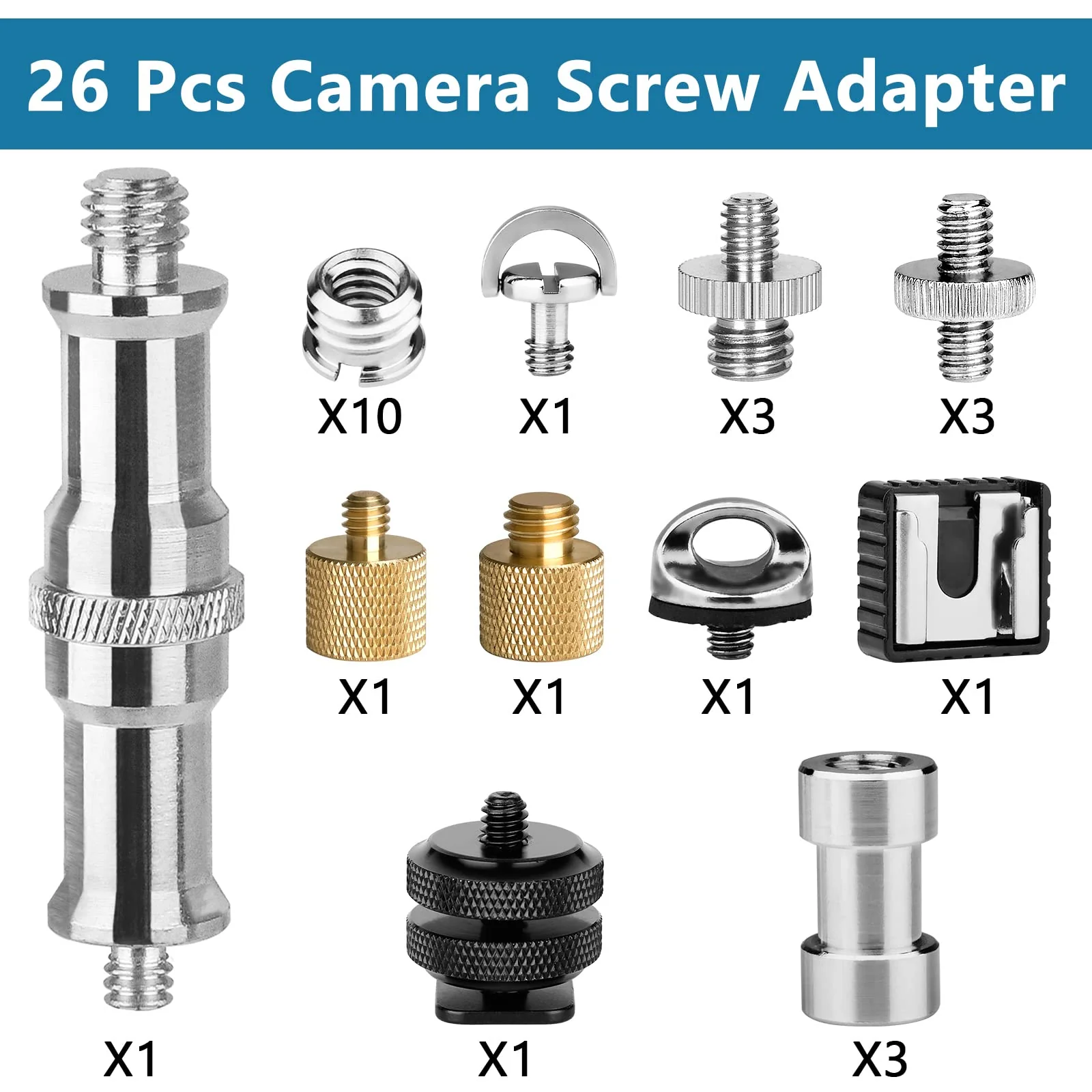 Camera Tripod Adapter, ChromLives 26Pack Camera Screw Mount Set 1/4 to 1/4 Tripod Screw,1/4 to 3/8 Camera Mount Adapter,Hot Shoe Adapter,Tripod Mount Adapter Set for Tripod/Monopod/Quick Release Plate 26pack camare screw - Image 2