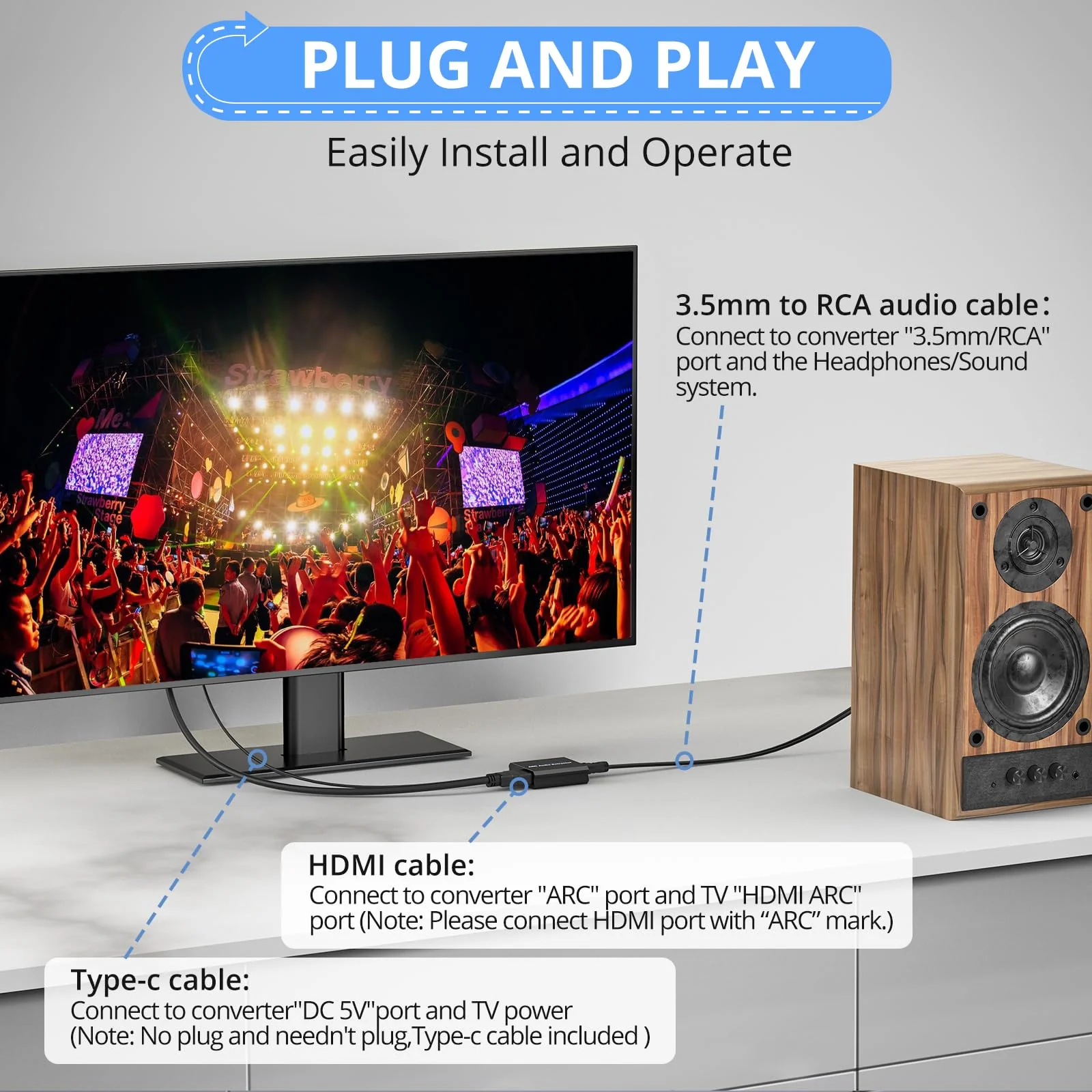 CAMWAY 192KHz ARC Audio Extractor - ARC to 3.5mm Audio Adapter for TV to Sound System Headphone, ARC Converter Built-in Professional Amplifier Chip with 3.5mm Cable(Not for HDMI,eARC Interface) 3.3+3.3ft - Image 6
