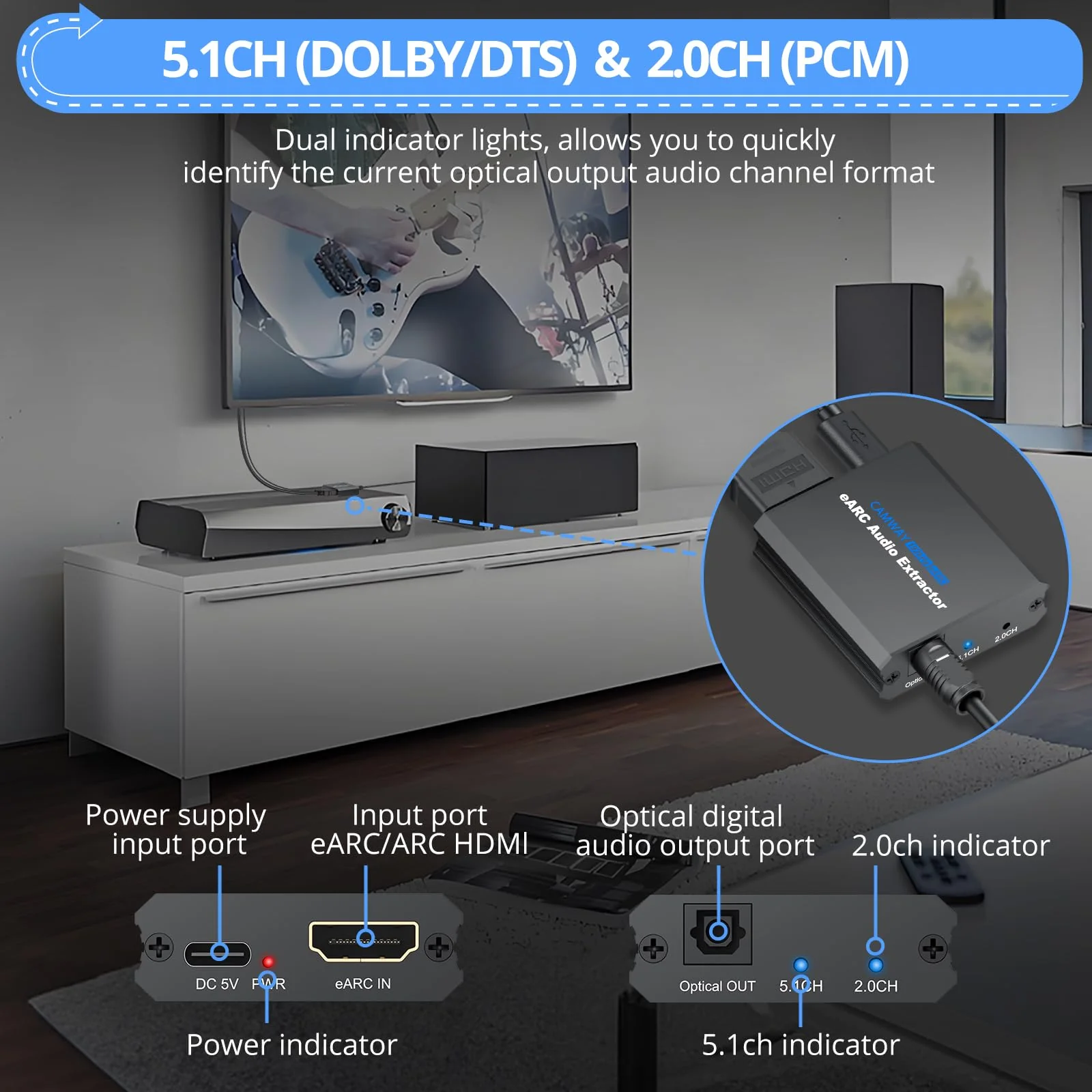 CAMWAY 192KHz eARC/ARC Audio Extractor - Used with HDTV ARC/eARC Ports to Optical Soundbar/Amp,Professional ARC to Optical Audio Adapter, Dolby DTS 5.1 Surround Sound & 2.0 CH Stereo, Easy to Setup 8.3 x 5.2 x 3.8 cm eARC/ARC to Optical Toslink SPDIF - Image 3