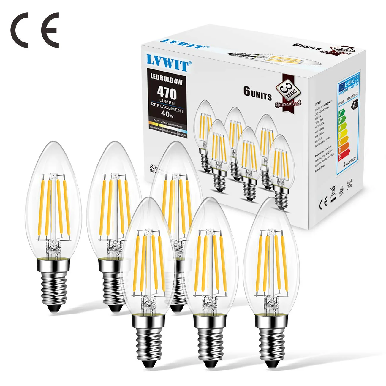 Candle LED Lamp E14 for Chandelier Warm White Glass 6 pcs (pack of 1) - Image 6