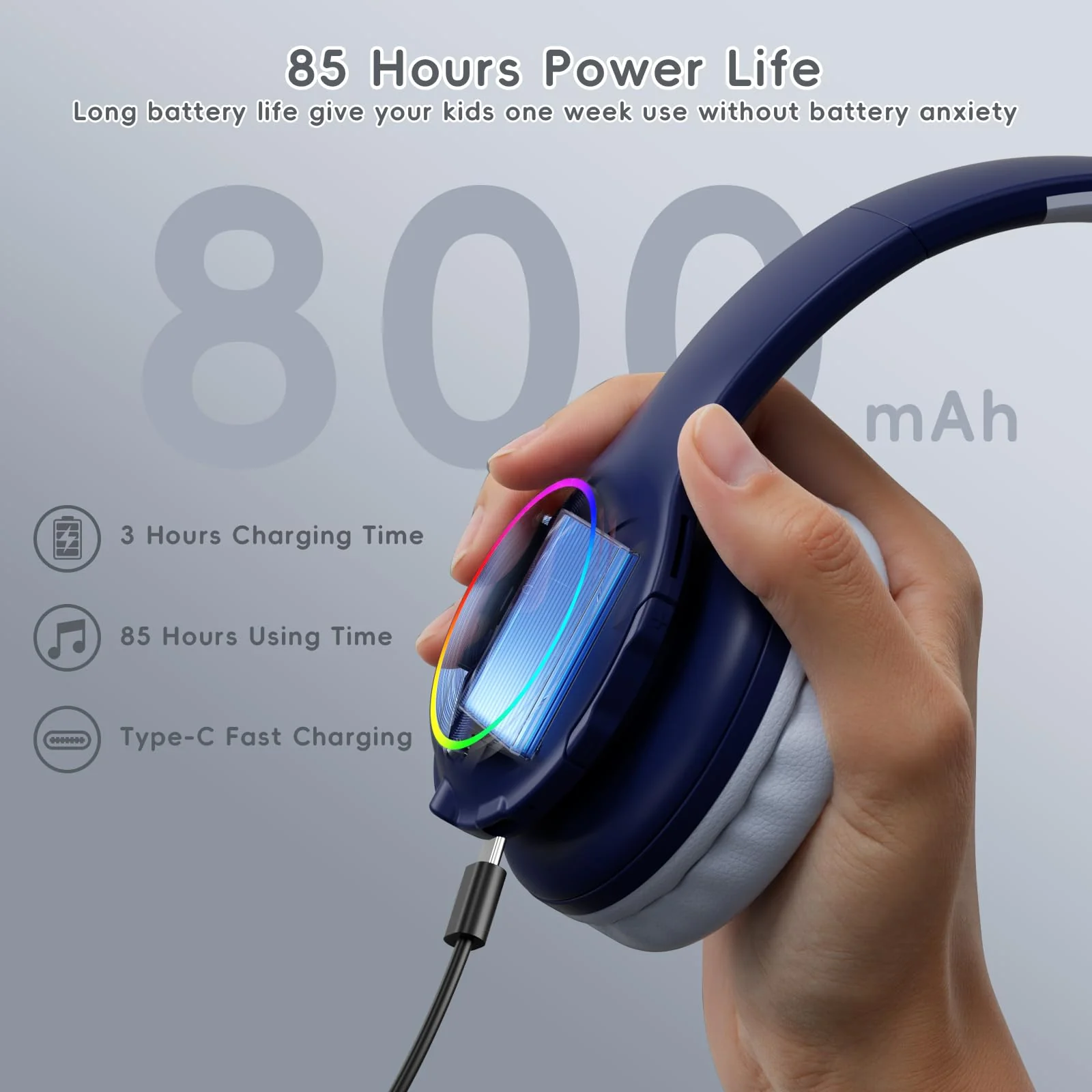 Candy Bila Kids Bluetooth 6.0 Headphones with LED Light, 85Hours Playtimes, Type-C Fast Charging, 85/94dB Volume Limited, Comfort Wireless Headphones with Built-in Mic, Wired & TF Card Mode, Navy Blue - Image 4