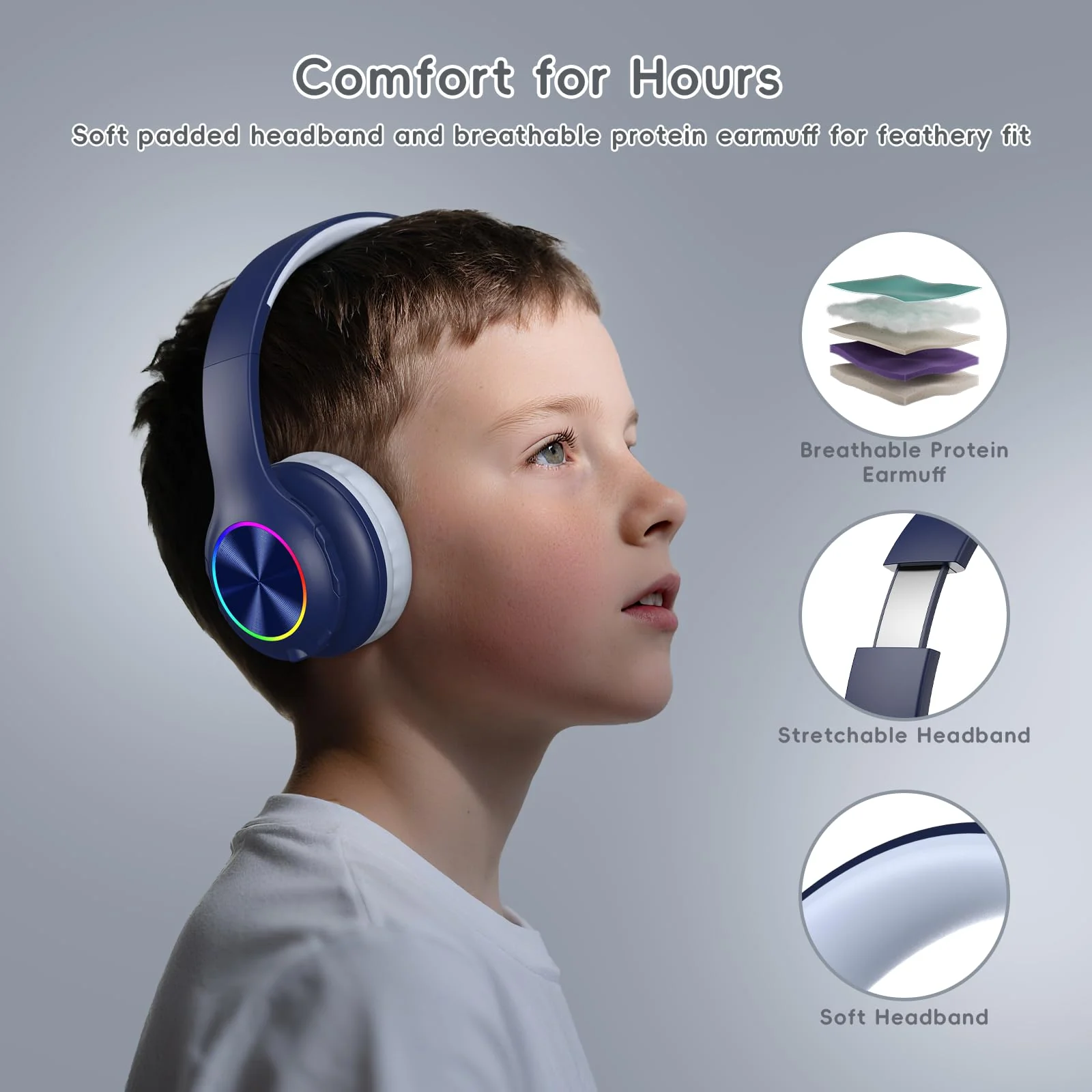 Candy Bila Kids Bluetooth 6.0 Headphones with LED Light, 85Hours Playtimes, Type-C Fast Charging, 85/94dB Volume Limited, Comfort Wireless Headphones with Built-in Mic, Wired & TF Card Mode, Navy Blue - Image 5
