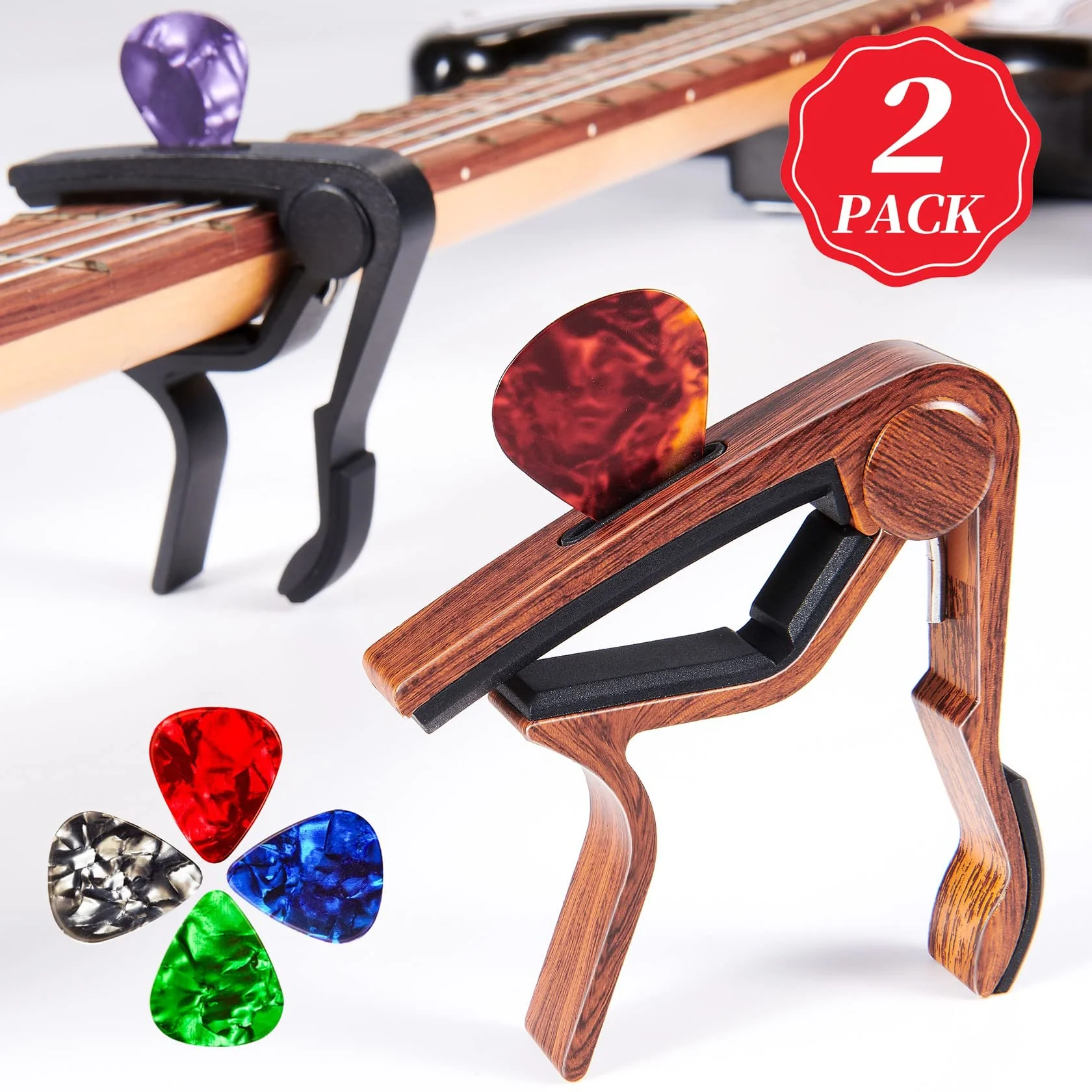 Capo Guitar Capo for Acoustic Electric Guitar Ukulele - 2 Pack Guitar Kapo Clip Clamp with Picks Holder 2PCapo Rose+Black - Image 2