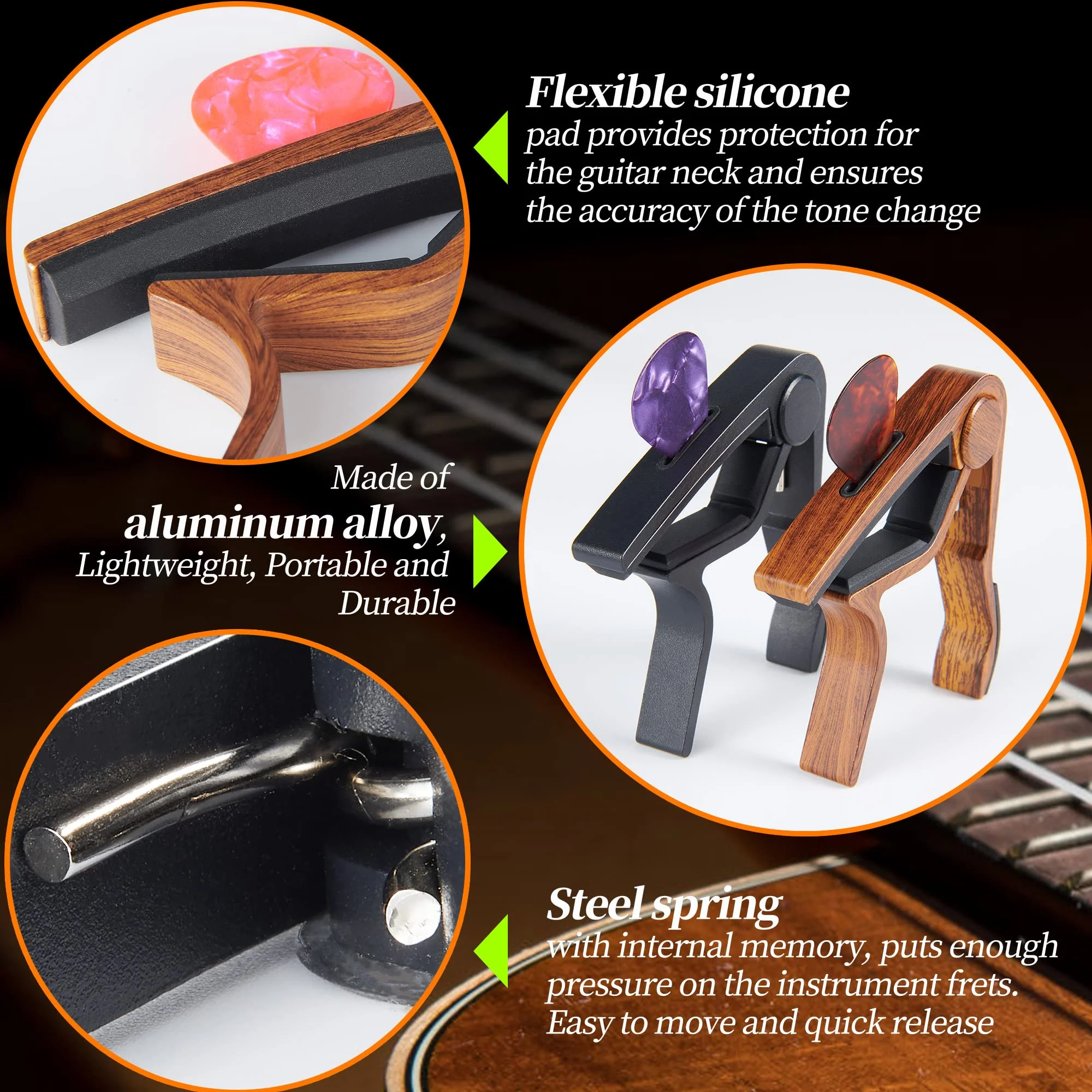 Capo Guitar Capo for Acoustic Electric Guitar Ukulele - 2 Pack Guitar Kapo Clip Clamp with Picks Holder 2PCapo Rose+Black - Image 3