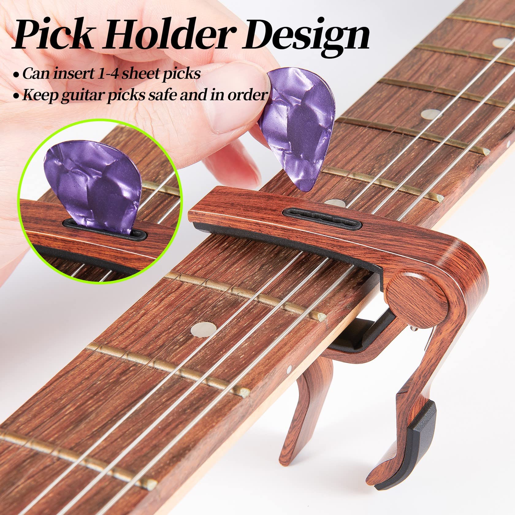 Capo Guitar Capo for Acoustic Electric Guitar Ukulele - 2 Pack Guitar Kapo Clip Clamp with Picks Holder 2PCapo Rose+Black - Image 5