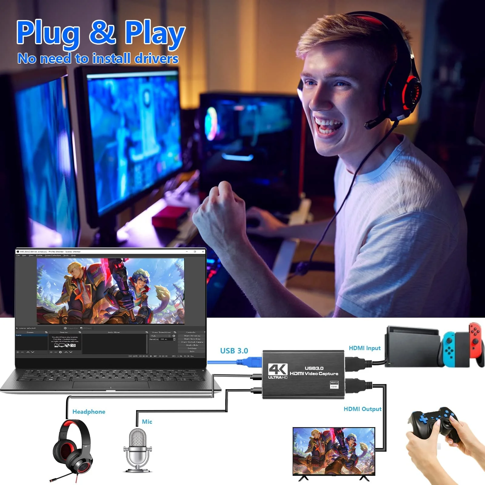 Capture Card Nintendo Switch, Video Capture Card, Game Capture Cards 4K 1080P 60FPS, HDMI to USB 3.0 Capture Cards for Streaming Work with PS4/PC/OBS/Camera - Image 2