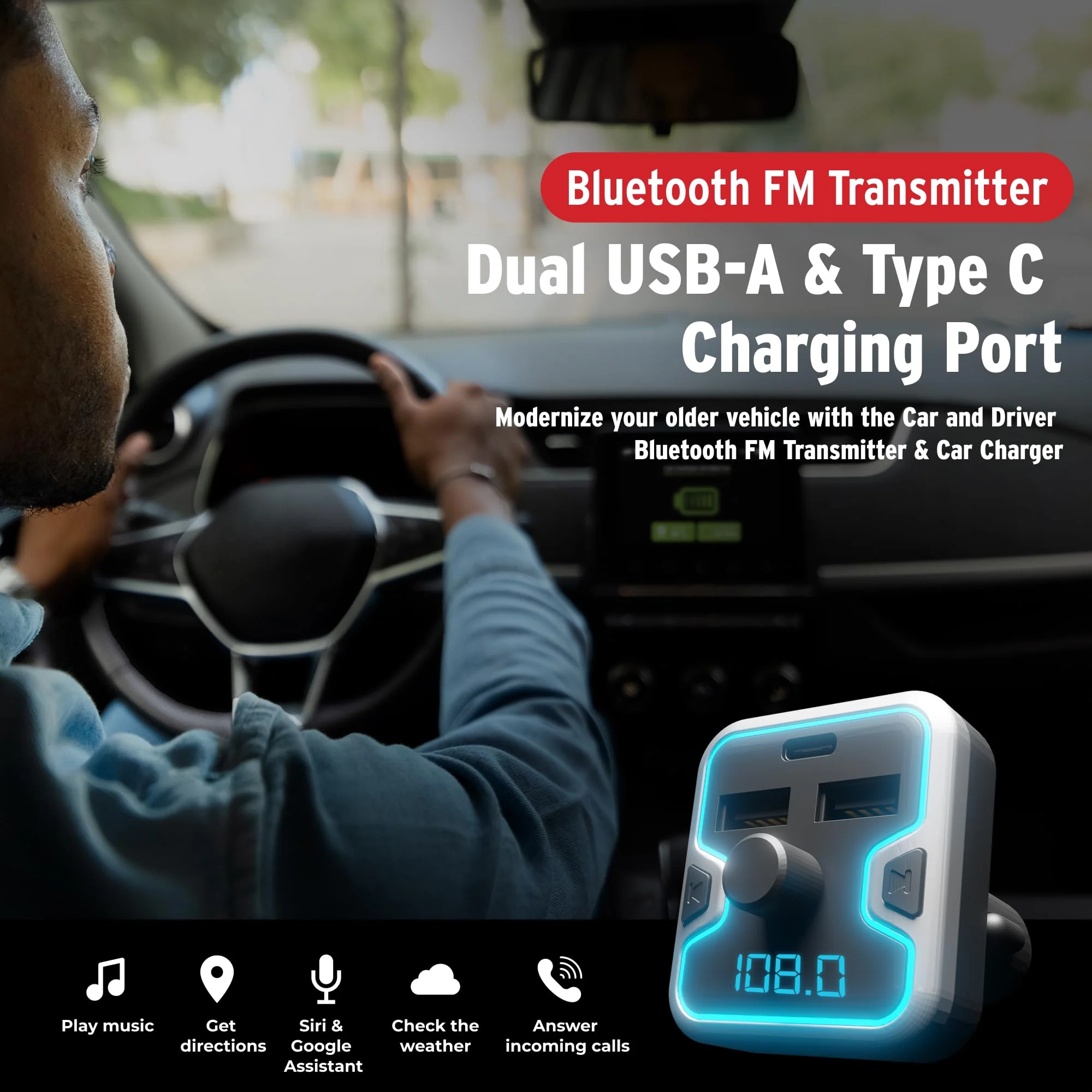Car and Driver Bluetooth 5.0 FM Transmitter Car Charger, USB-C PD Fast Charging Adapter, Dual USB Car Lighter Plug with Hands Free Calls, Music Streaming for iPhone Android Alexa Siri Google - Image 2