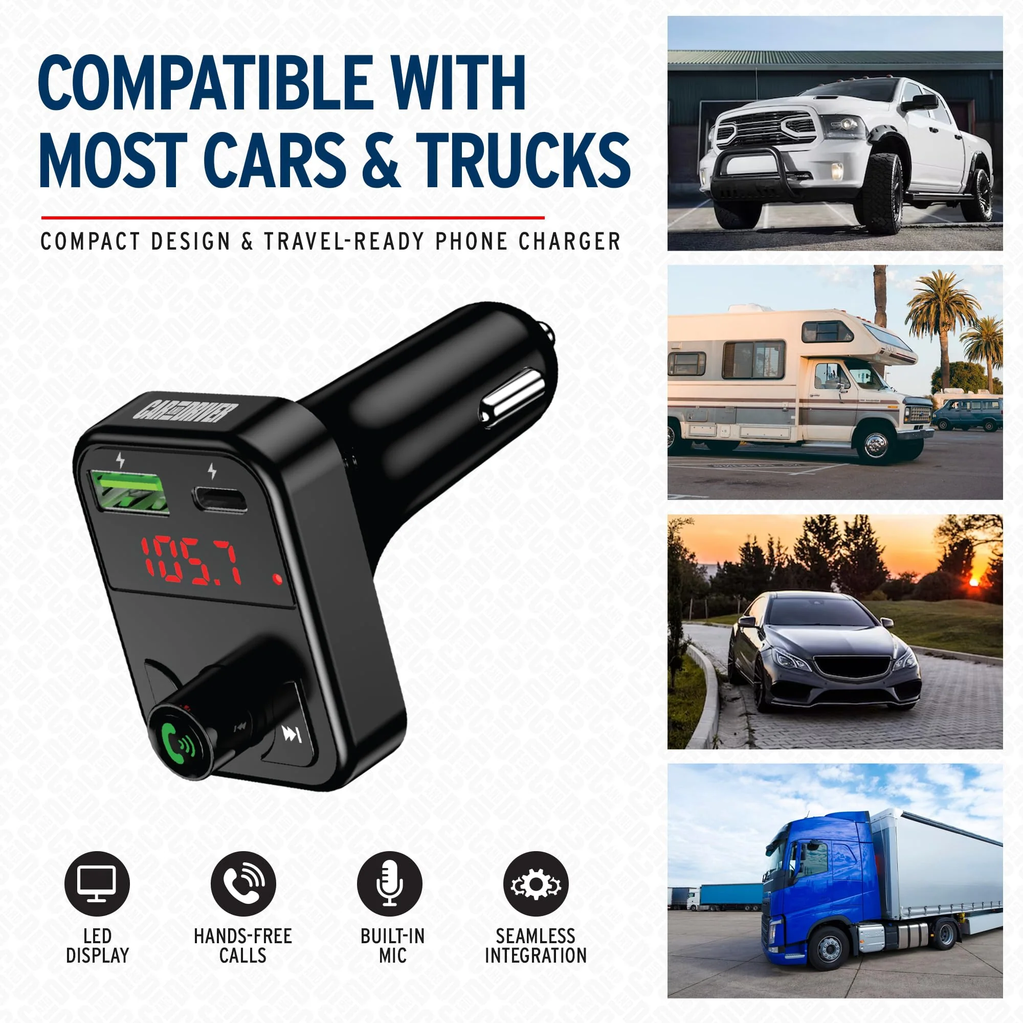 Car and Driver Bluetooth 5.3 FM Transmitter Charger, Dual USB Car Adapter with Fast 4.8 A Charging, Wireless Bluetooth Transmitter, Hands-Free Calling, Built-in Mic, LED Display, Micro-SD Card Slot - Image 3
