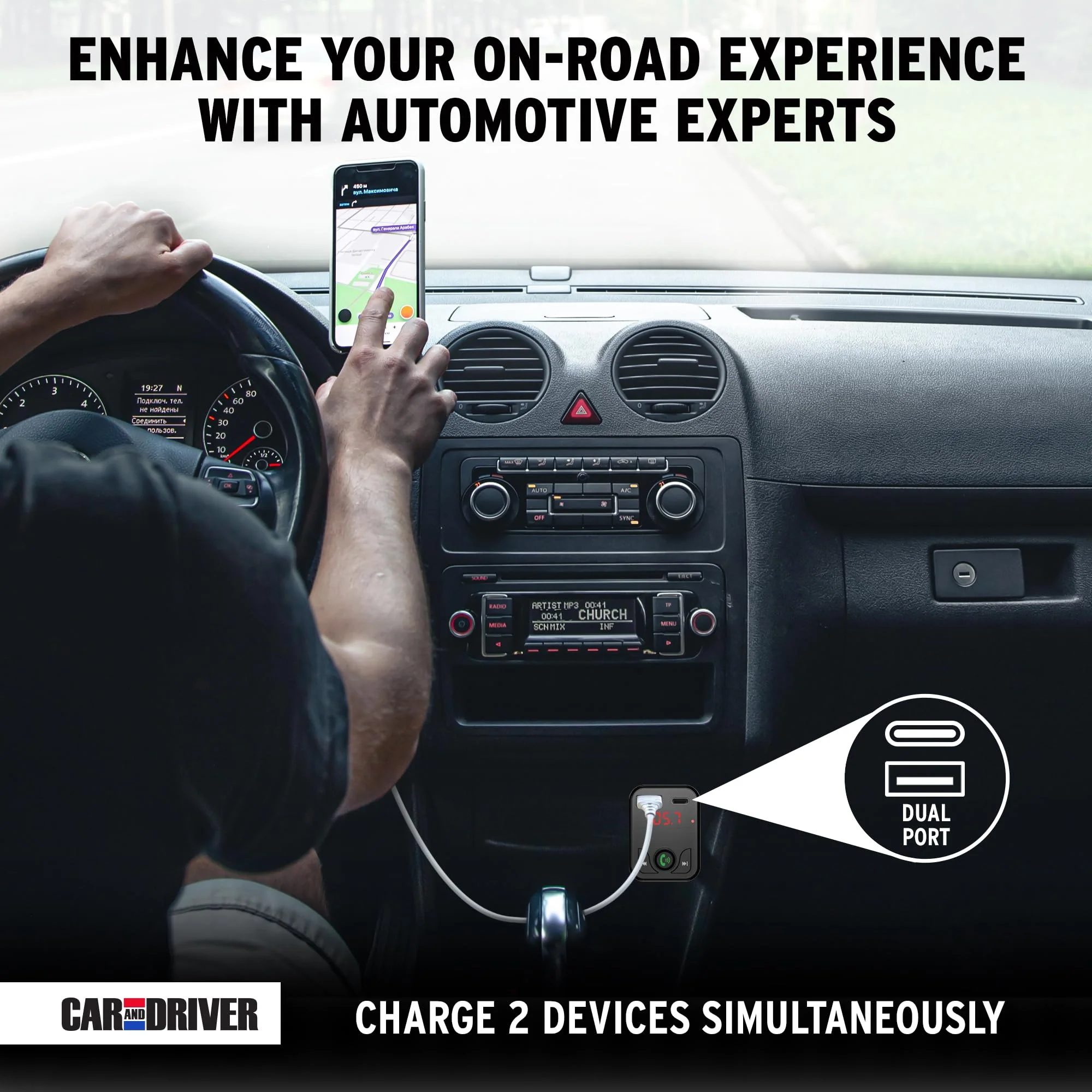 Car and Driver Bluetooth 5.3 FM Transmitter Charger, Dual USB Car Adapter with Fast 4.8 A Charging, Wireless Bluetooth Transmitter, Hands-Free Calling, Built-in Mic, LED Display, Micro-SD Card Slot - Image 4