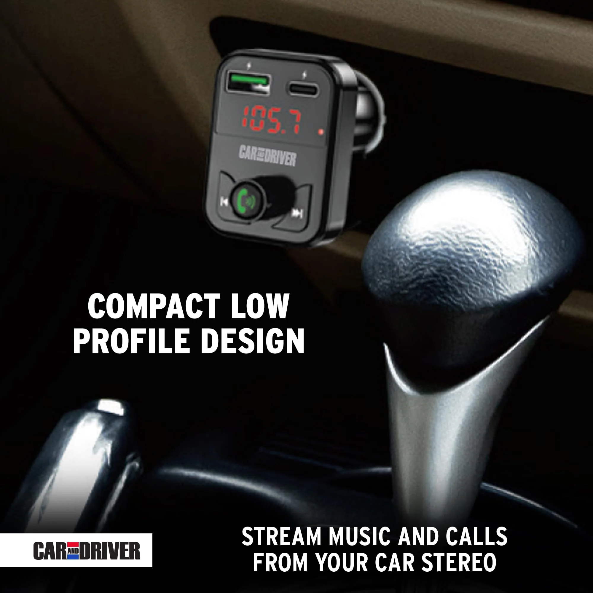 Car and Driver Bluetooth 5.3 FM Transmitter Charger, Dual USB Car Adapter with Fast 4.8 A Charging, Wireless Bluetooth Transmitter, Hands-Free Calling, Built-in Mic, LED Display, Micro-SD Card Slot - Image 6