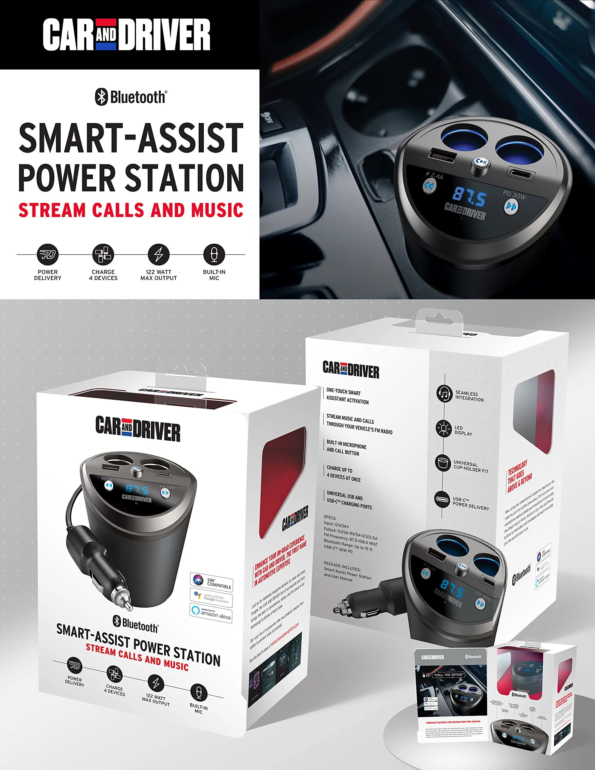 Car and Driver Smart FM Transmitter Bluetooth Cup Holder, Compatible with Alexa, Siri, and Google Assistant for Car, Dual USB-A and USB-C PD Fast-Charging Ports and Cigarette Lighter 12V Power Sockets 6057 - Image 6