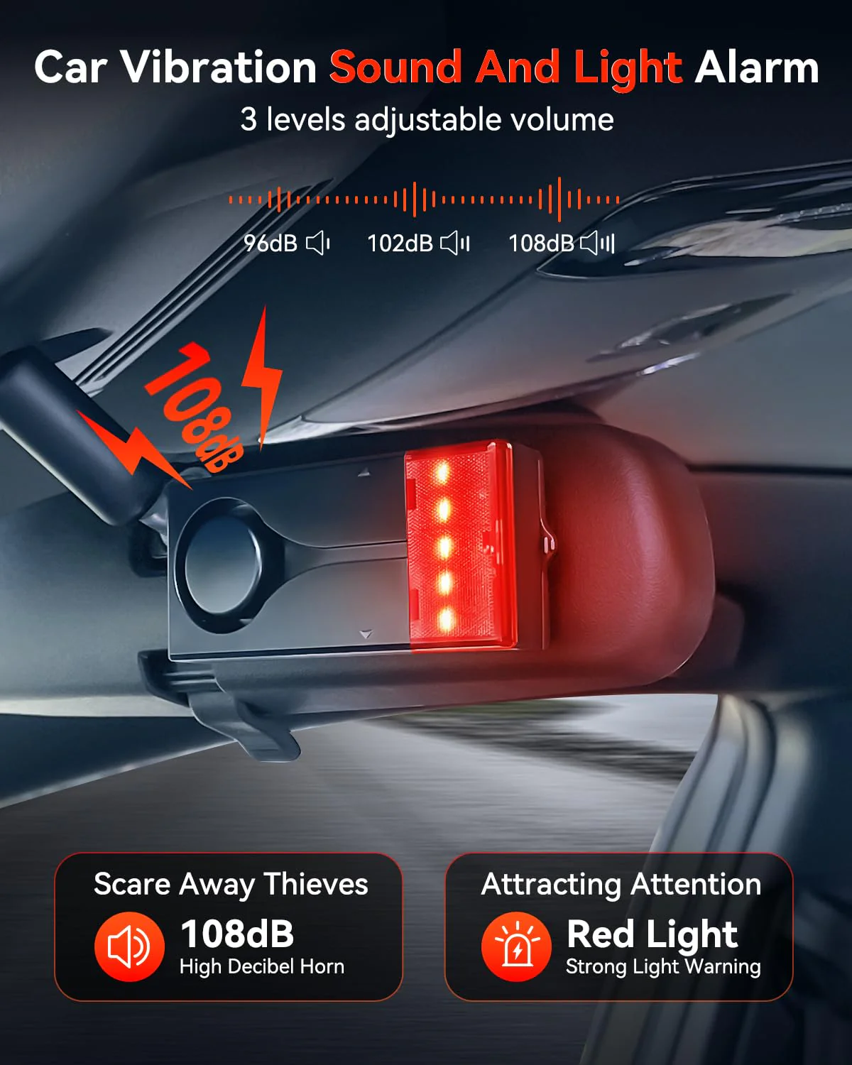 Car Anti-Theft Vibration Alarm, ELECTOP 108dB Car Vibration Sound & Light Alarm, Wireless Remote Vibration Sensor Car Alarm Vehicle Security Alarm System Automotive Warning Interior Safety Red Light - Image 2