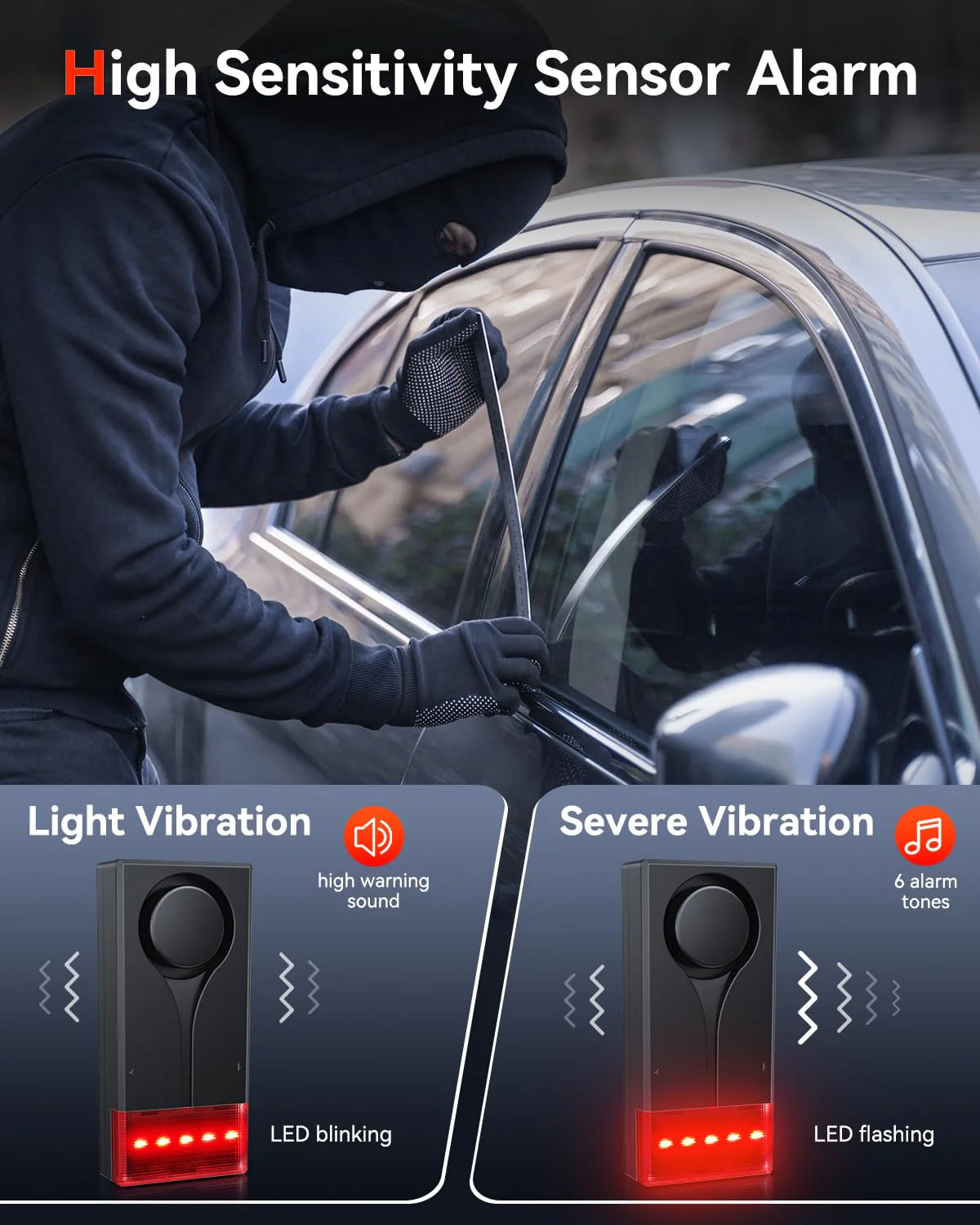 Car Anti-Theft Vibration Alarm, ELECTOP 108dB Car Vibration Sound & Light Alarm, Wireless Remote Vibration Sensor Car Alarm Vehicle Security Alarm System Automotive Warning Interior Safety Red Light - Image 3