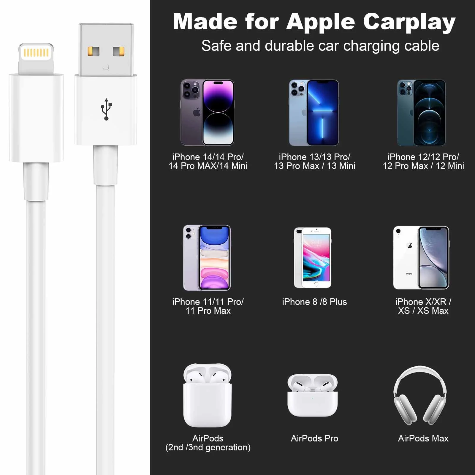Car Apple Carplay Cable，USB A to Lightning Cable Compatible with iPhone 14 13 12 11 Pro Max XR XS X Charger Cord，Car Charging Cable White - Image 4