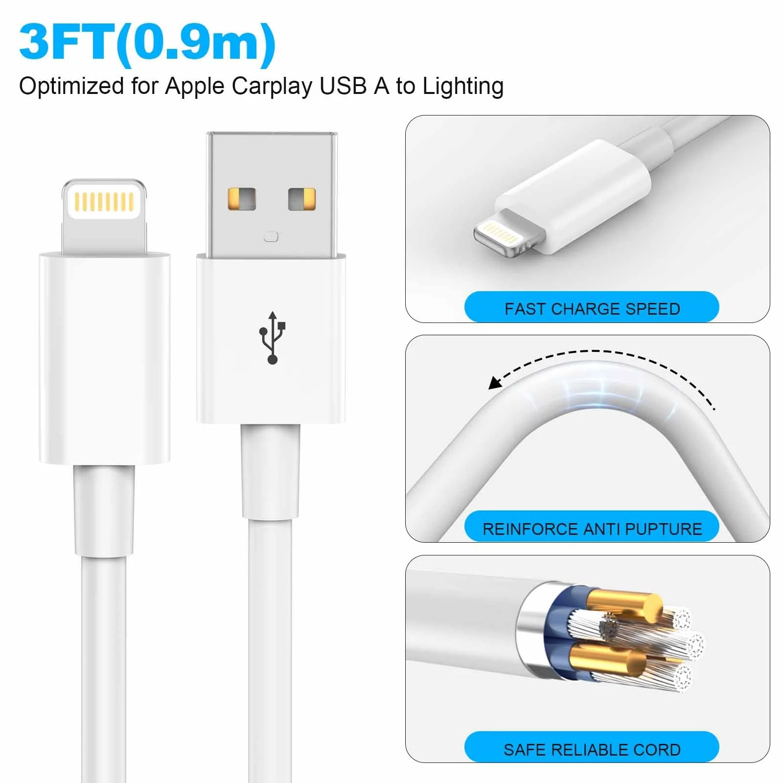 Car Apple Carplay Cable，USB A to Lightning Cable Compatible with iPhone 14 13 12 11 Pro Max XR XS X Charger Cord，Car Charging Cable White - Image 5