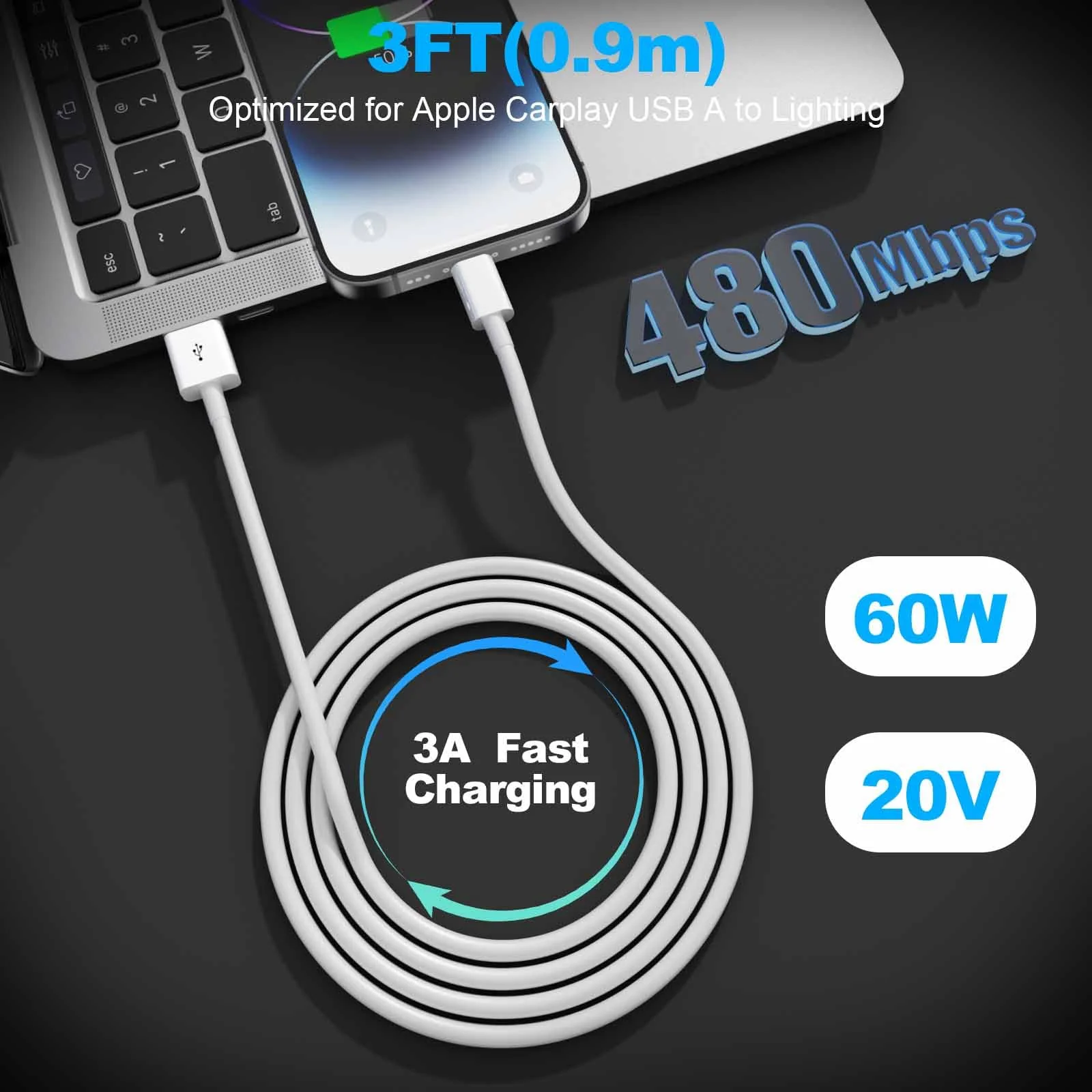 Car Apple Carplay Cable，USB A to Lightning Cable Compatible with iPhone 14 13 12 11 Pro Max XR XS X Charger Cord，Car Charging Cable White - Image 6