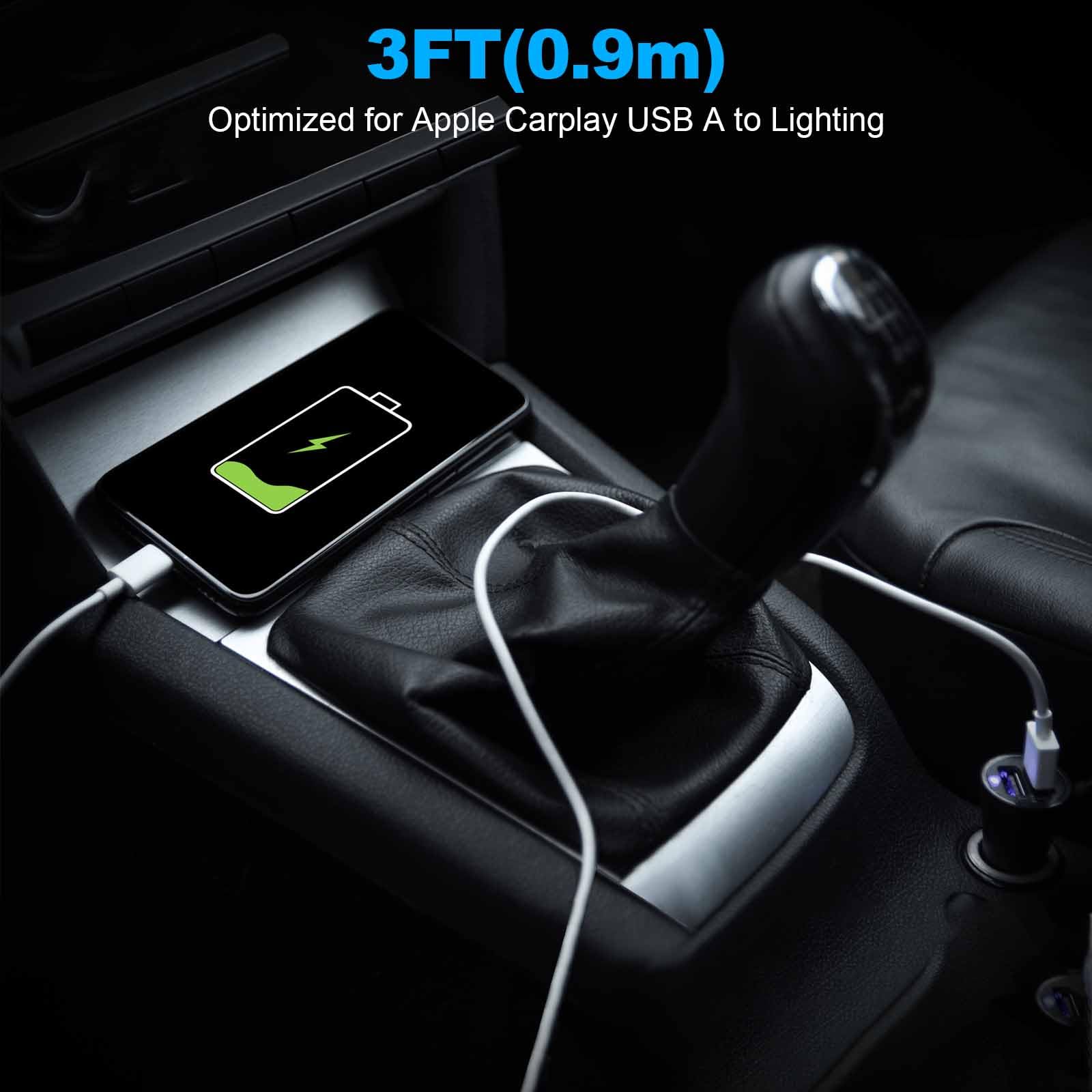 Car Apple Carplay Cable，USB A to Lightning Cable Compatible with iPhone 14 13 12 11 Pro Max XR XS X Charger Cord，Car Charging Cable White - Image 7