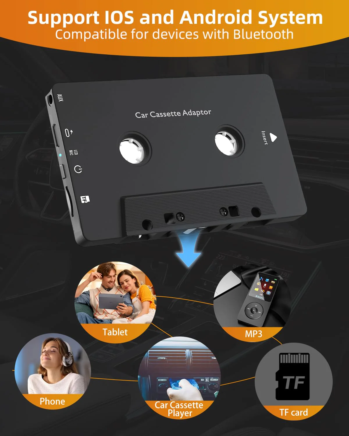 Car Audio Bluetooth 5.1 Cassette Receiver, Cassette Bluetooth Adapter for Car Tape Player, Wireless Cassette Aux Adapter with Hands-Free Calling, Compatibility with Smartphones, Tablets, MP3, TF Card - Image 4