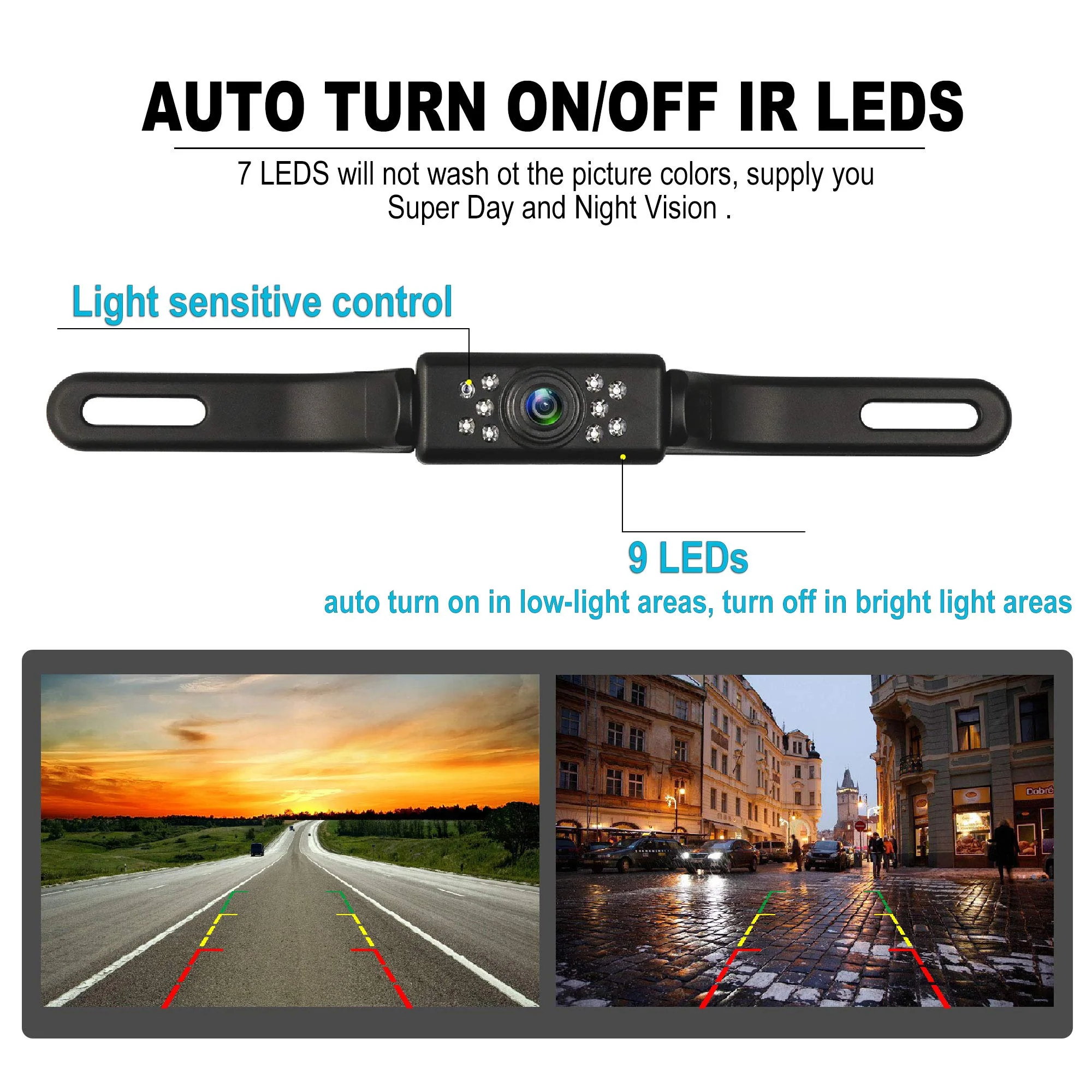 Car Backup Camera HD Night Vision Rear View Camera License Plate Camera with 9 LED Lights, Font & Rear Camera, Wide View Angle, IP69K Waterproof Reverse Camera for Cars,SUV,Trucks,RV, Pickup - Image 4