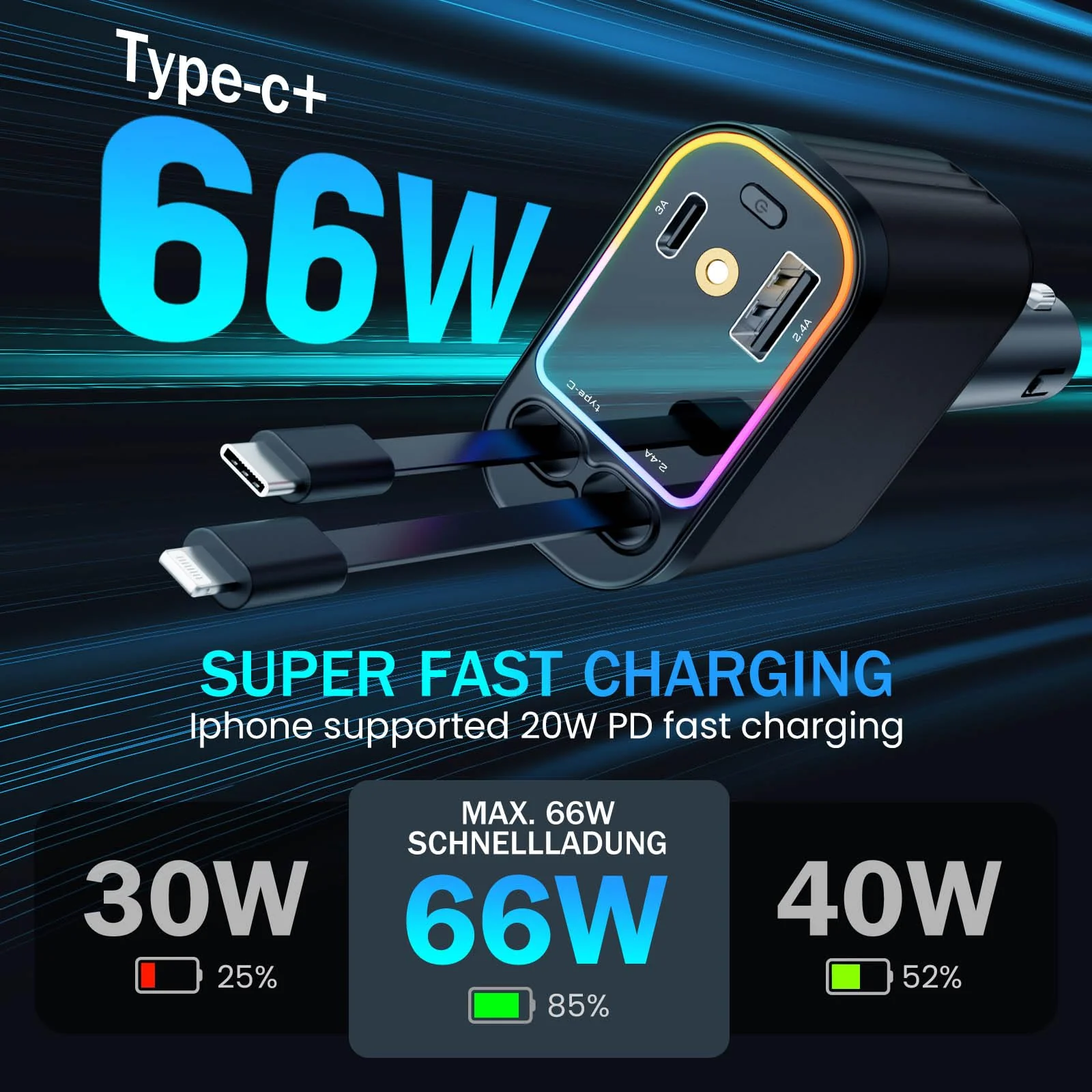 Car Charger with Starlight, 66W USB C Car Charger Adapter, 4 in 1 Retractable Car Charger with 2 USB Ports Car Phone Charger, Fast Car Charger for iPhone16/15/14/13/12/11 and for Android (Black) Black - Image 3