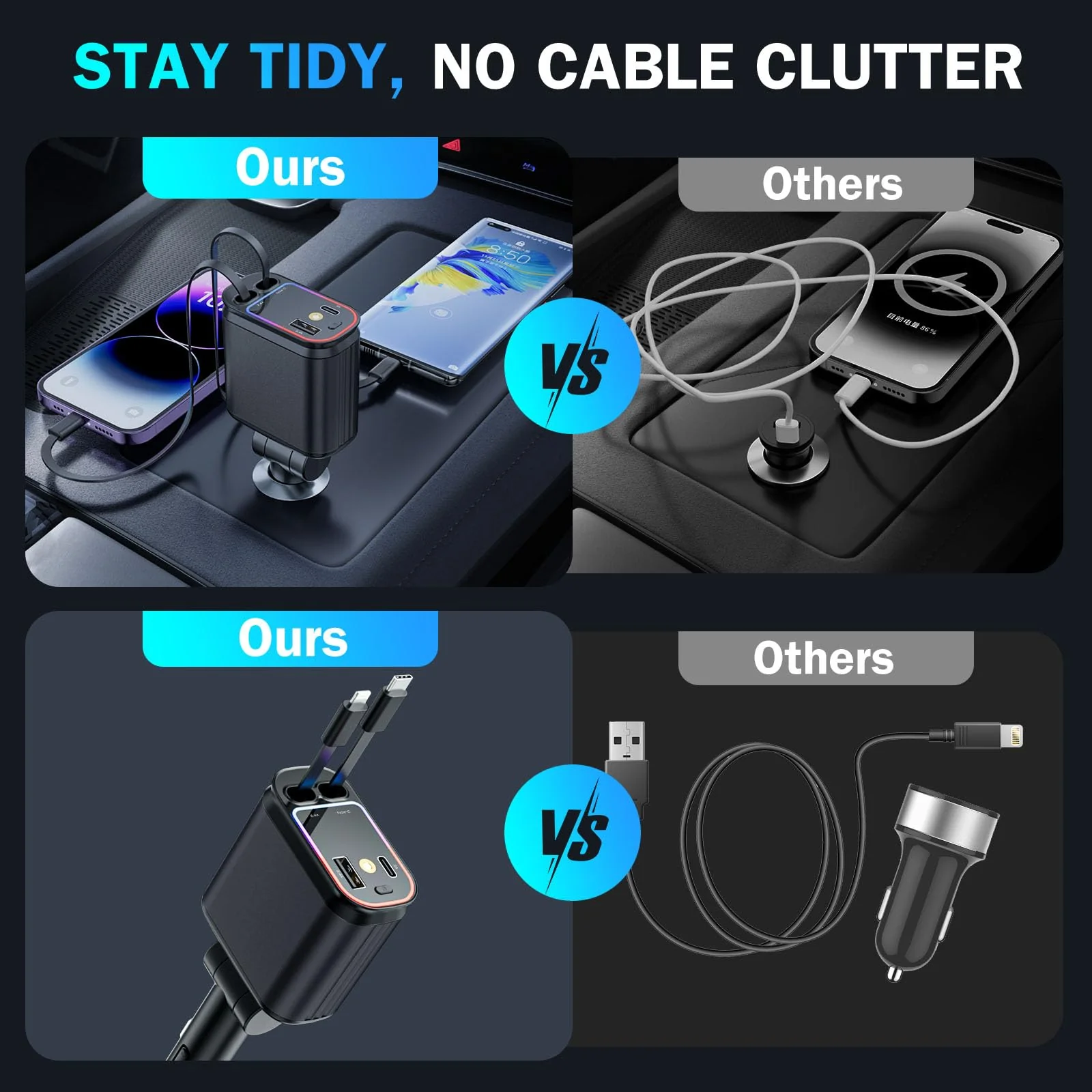 Car Charger with Starlight, 66W USB C Car Charger Adapter, 4 in 1 Retractable Car Charger with 2 USB Ports Car Phone Charger, Fast Car Charger for iPhone16/15/14/13/12/11 and for Android (Black) Black - Image 6