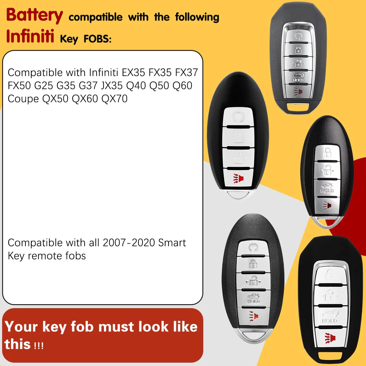 Car Fob Key Replacement Batteries for Infiniti (2007-2020) EX35 FX35 FX37 FX50 G25 G35 G37 JX35 Q40 Q50 Q60 Coupe QX50 QX60 QX70 Smart Remote Battery (Pack of 2) (Check Fitment Guide) - Image 4