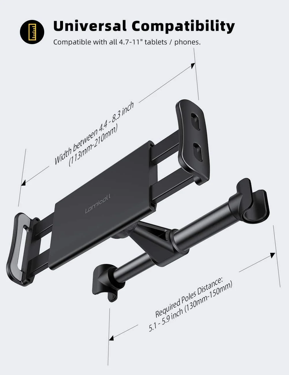 Car Headrest Mount, Lamicall Tablet Headrest Holder - Stand Cradle Compatible with Devices Such as iPad Pro Air Mini, Galaxy Tabs, Other 4.7 -10.5" Cellphones and Tablets - Black - Image 4