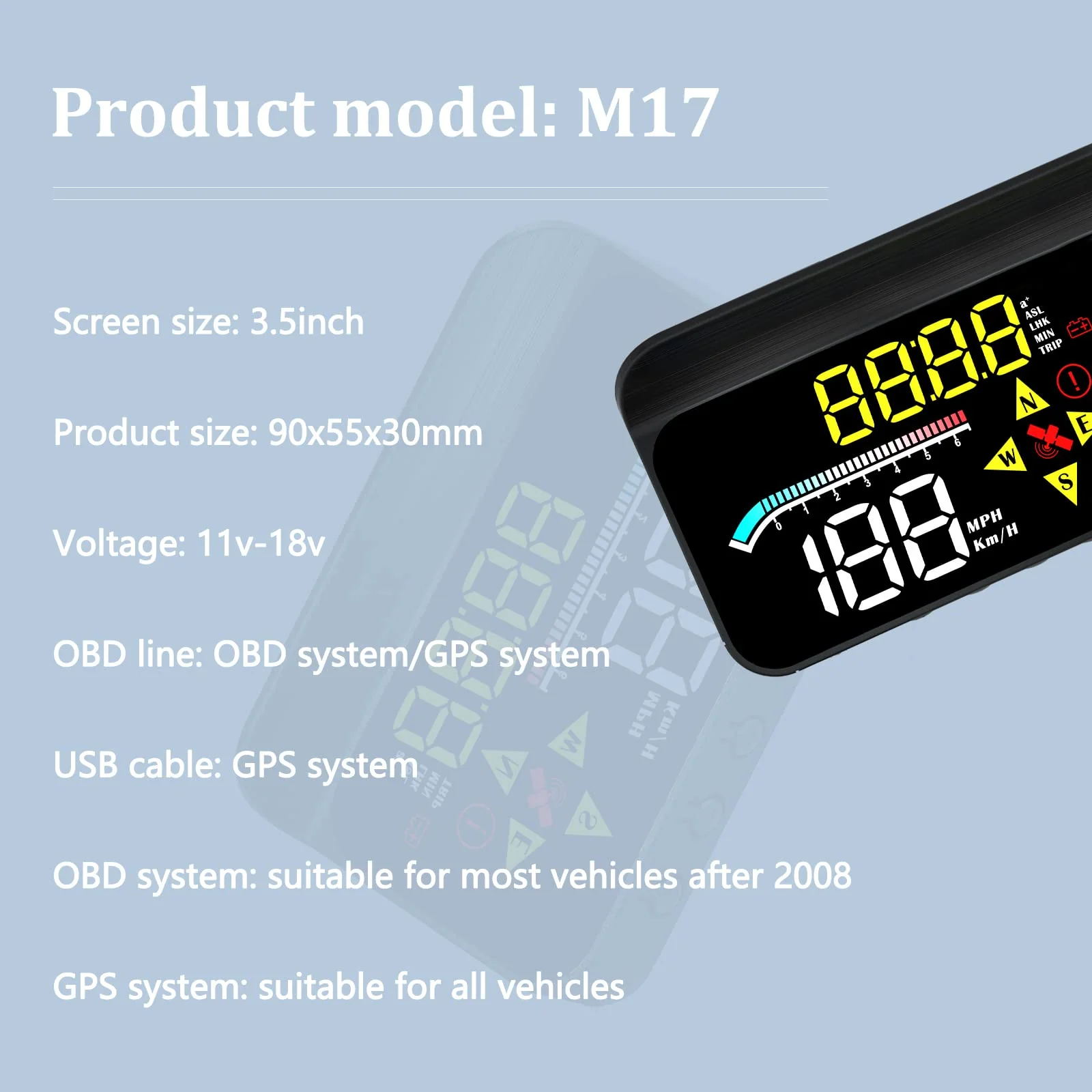 Car HUD OBD2 GPS Dual System Projector for Car, Heads up Display for Cars，Digital Speedometer for car mph, Suitable for All car M17 - Image 8