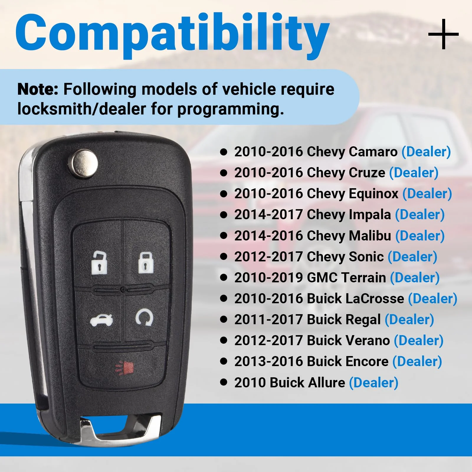 Car Key Fob Keyless Entry Remote Compatible with 2010-2019 Chevy Cruze/Camaro/Impala/Equinox/GMC Terrain/Buick Lacrosse 5 Buttons Key for OHT01060512 (1 Pack) - Image 2