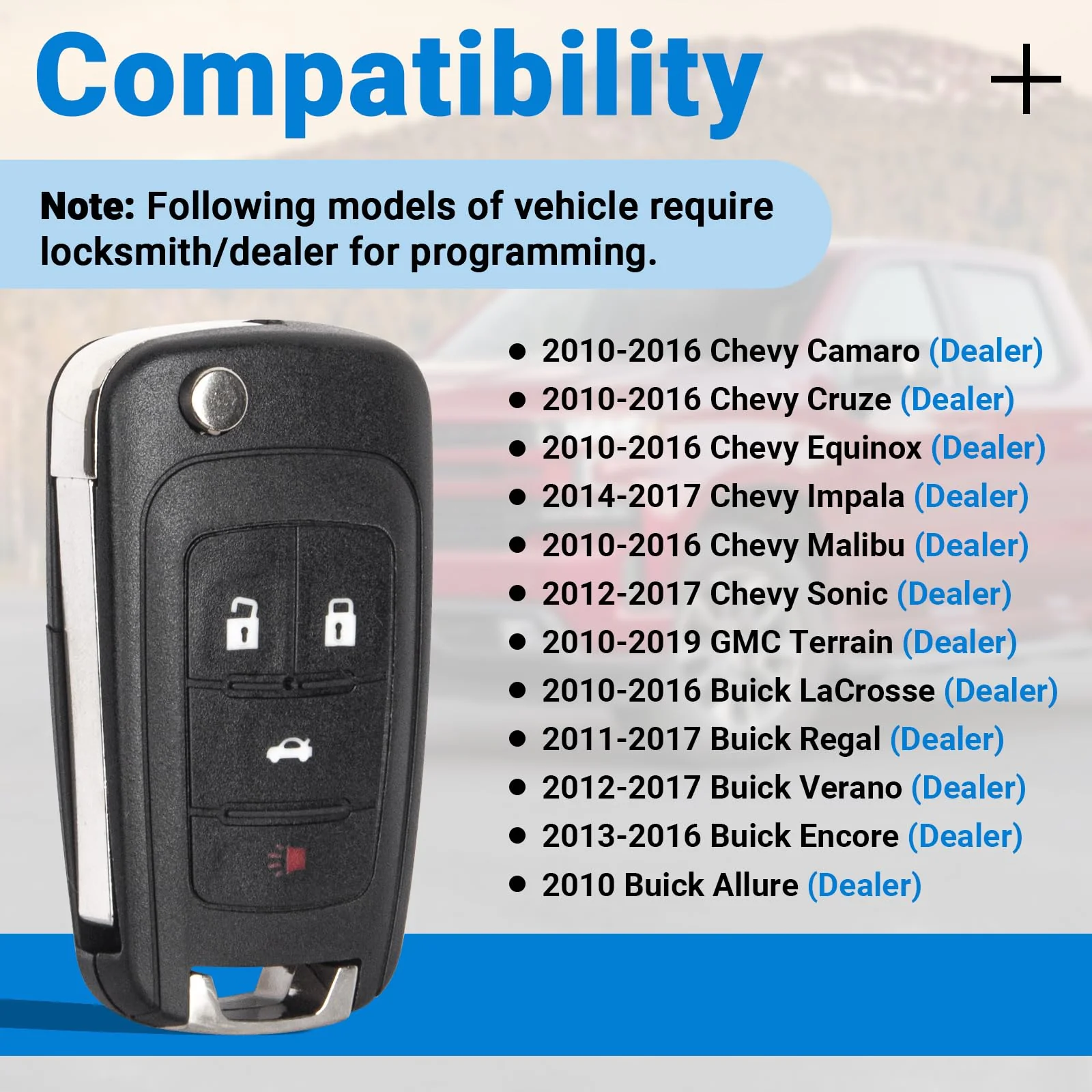 Car Key Fob Keyless Entry Remote Flip Replacement for 2010-2019 Chevy Cruze Camaro Impala Equinox Malibu Sonic/GMC Terrain/Buick Lacrosse Regal Verano Encore Car Key Replacement for OHT01060512 4-Btn 1 Pack - Image 3