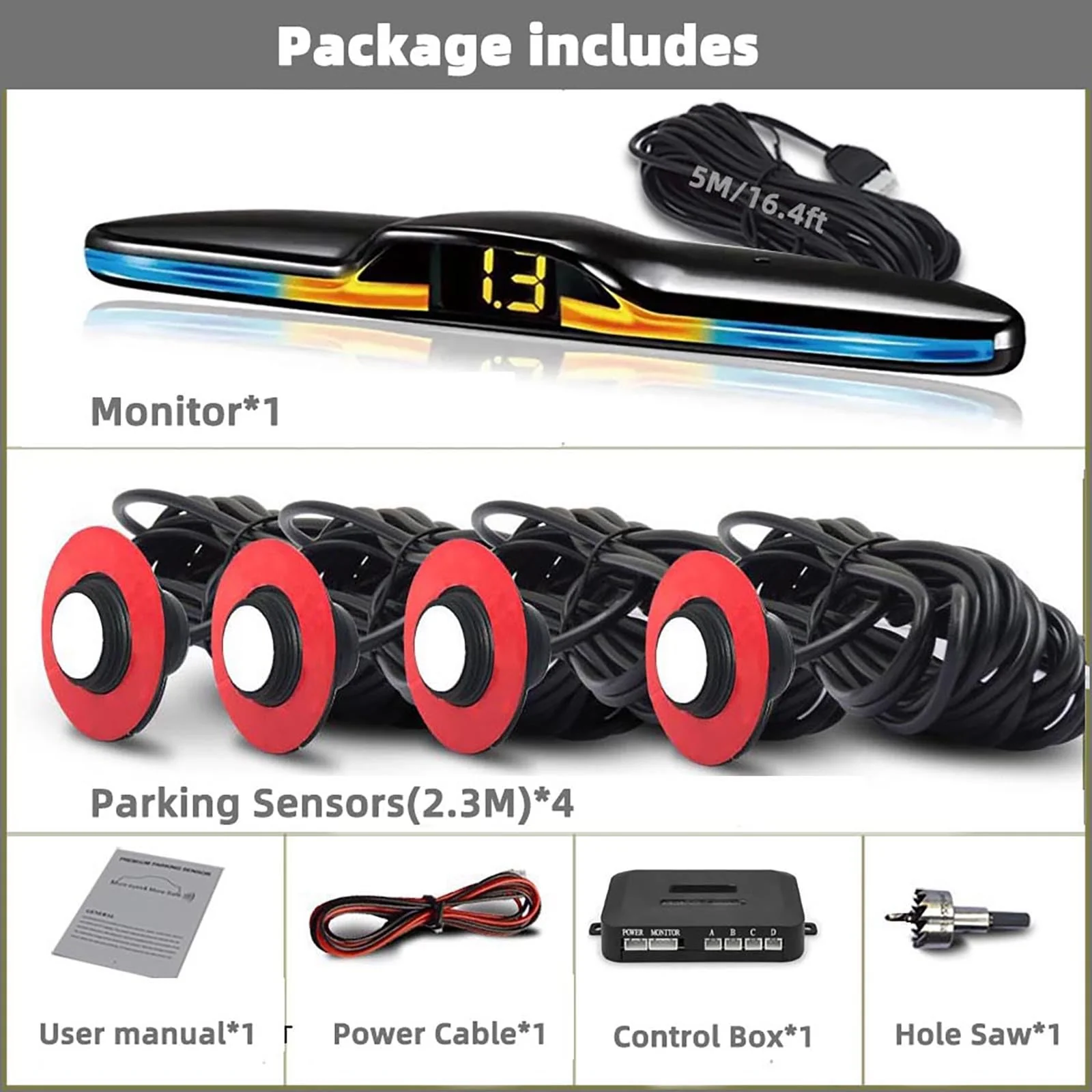 Car Parktronic Parking Built-in Plane Sensors Rear Reversing Radars System with 4 Sensors LED Light Distance Display Warning Buzzer Distance Detection White - Image 2