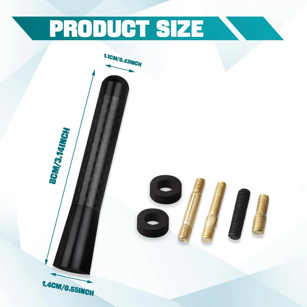 Car Short Antenna, 3.14" Car Stubby Antenna, Carbon Fiber Mini Car Antenna with Aluminum Alloy Threading, Car Accessories Universal Car Antenna Replacement for AM/FM Radio Reception (Black) Black 8cm - Image 2