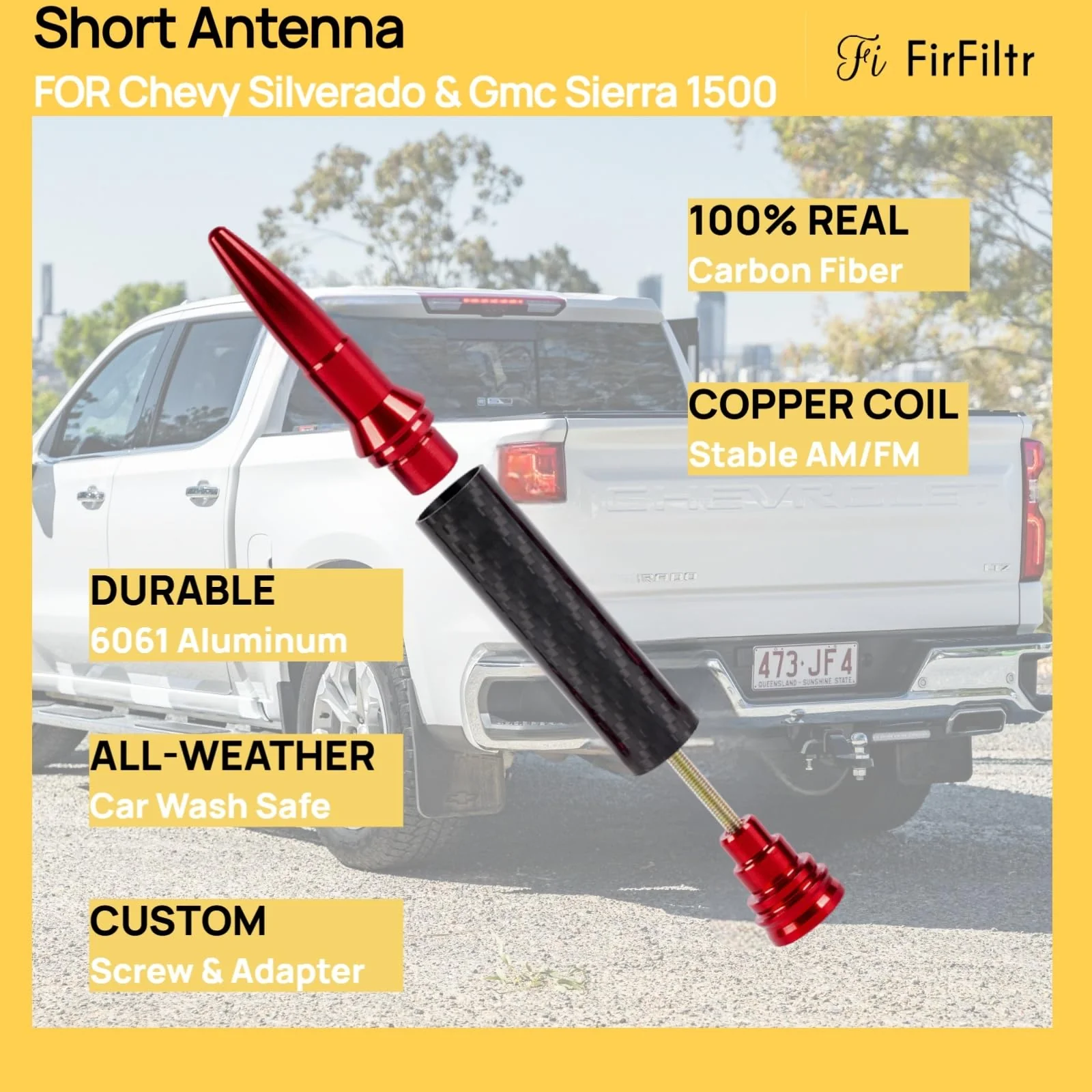 Carbon Fiber Truck Antenna for Chevy Silverado 1500 2500 3500 & GMC Sierra 1999-2025 2026,Chevy Silverado Antenna Truck Accessories,Short Car Video Antennas (5.5''-Red Carbon Fiber 50 Cal Bullet) Red 5.5 inch - Image 4