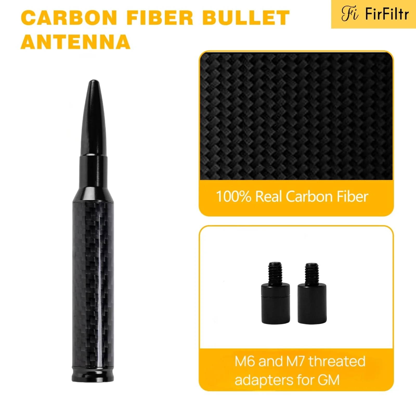 Carbon Fiber Truck Antenna for Chevy Silverado 1500 2500 3500 & GMC Sierra 1999-2025,Chevy Silverado Antenna Truck Accessories,Short Car Video Antennas (5.5''-Black Carbon Fiber 50 Cal Bullet) Black 5.5 inch - Image 3