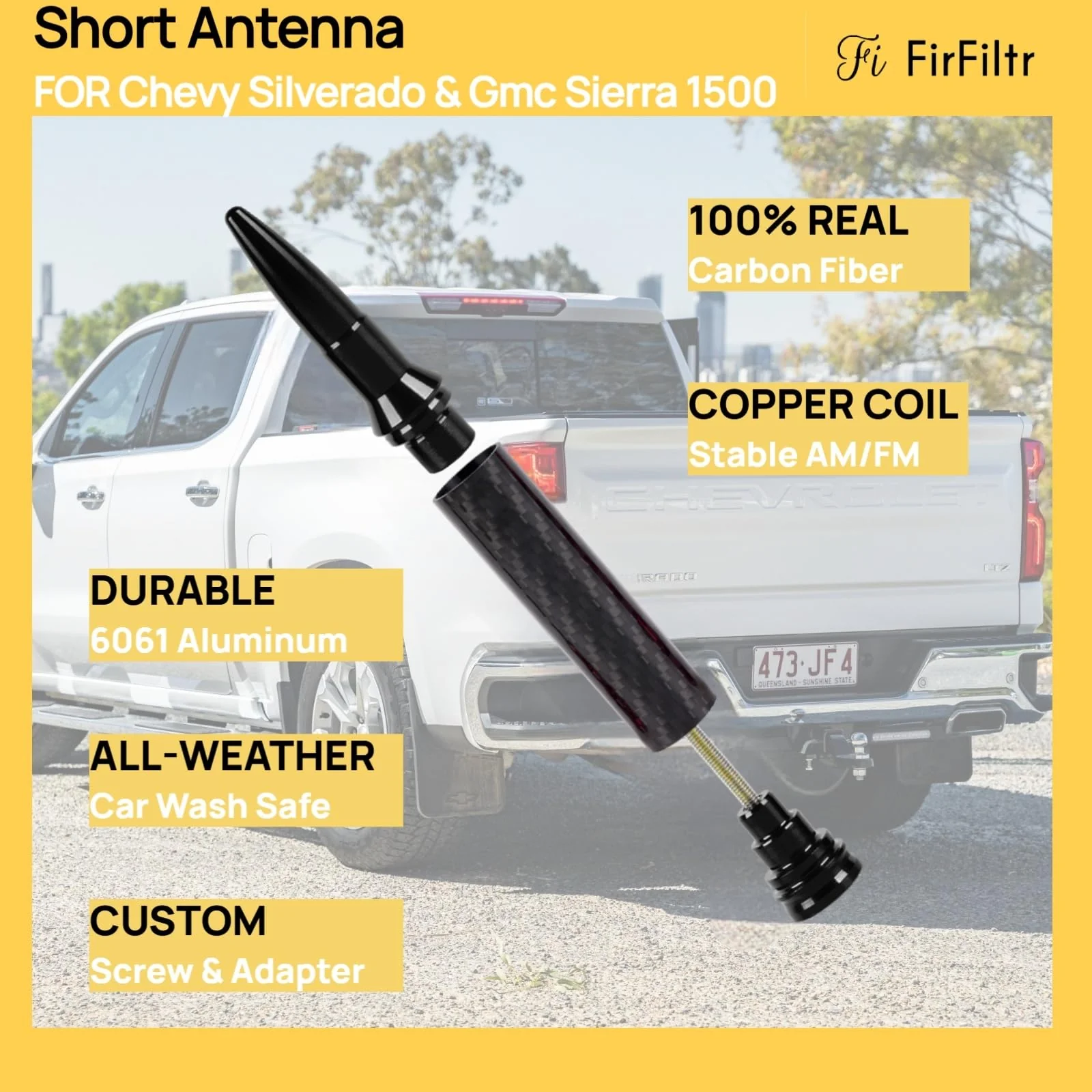 Carbon Fiber Truck Antenna for Chevy Silverado 1500 2500 3500 & GMC Sierra 1999-2025,Chevy Silverado Antenna Truck Accessories,Short Car Video Antennas (5.5''-Black Carbon Fiber 50 Cal Bullet) Black 5.5 inch - Image 4