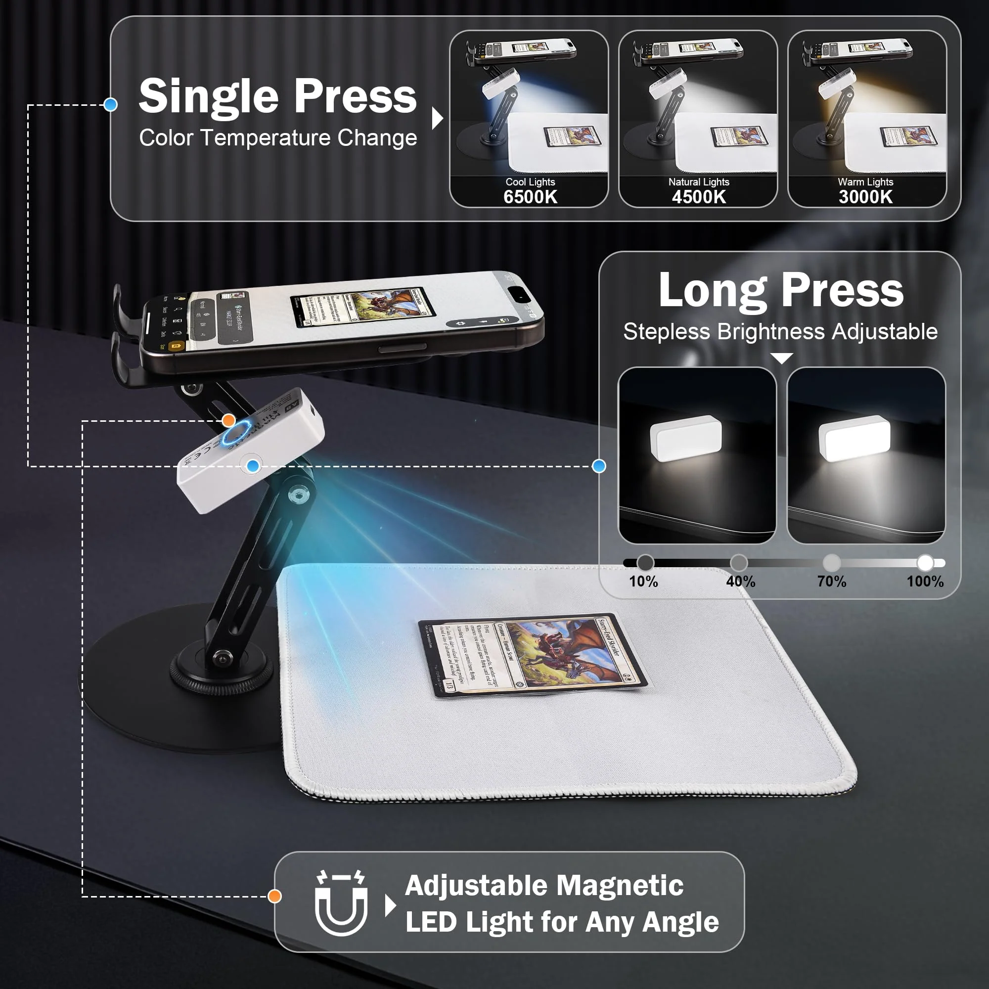 Card Scanner for Trading Cards–MTG & TCG Card Scanner Stand with Magnetic LED Light,Foldable Phone Holder for Scanning,Cards Quickly Scan and Price Check,Available for ManaBox with LED Light - Image 3