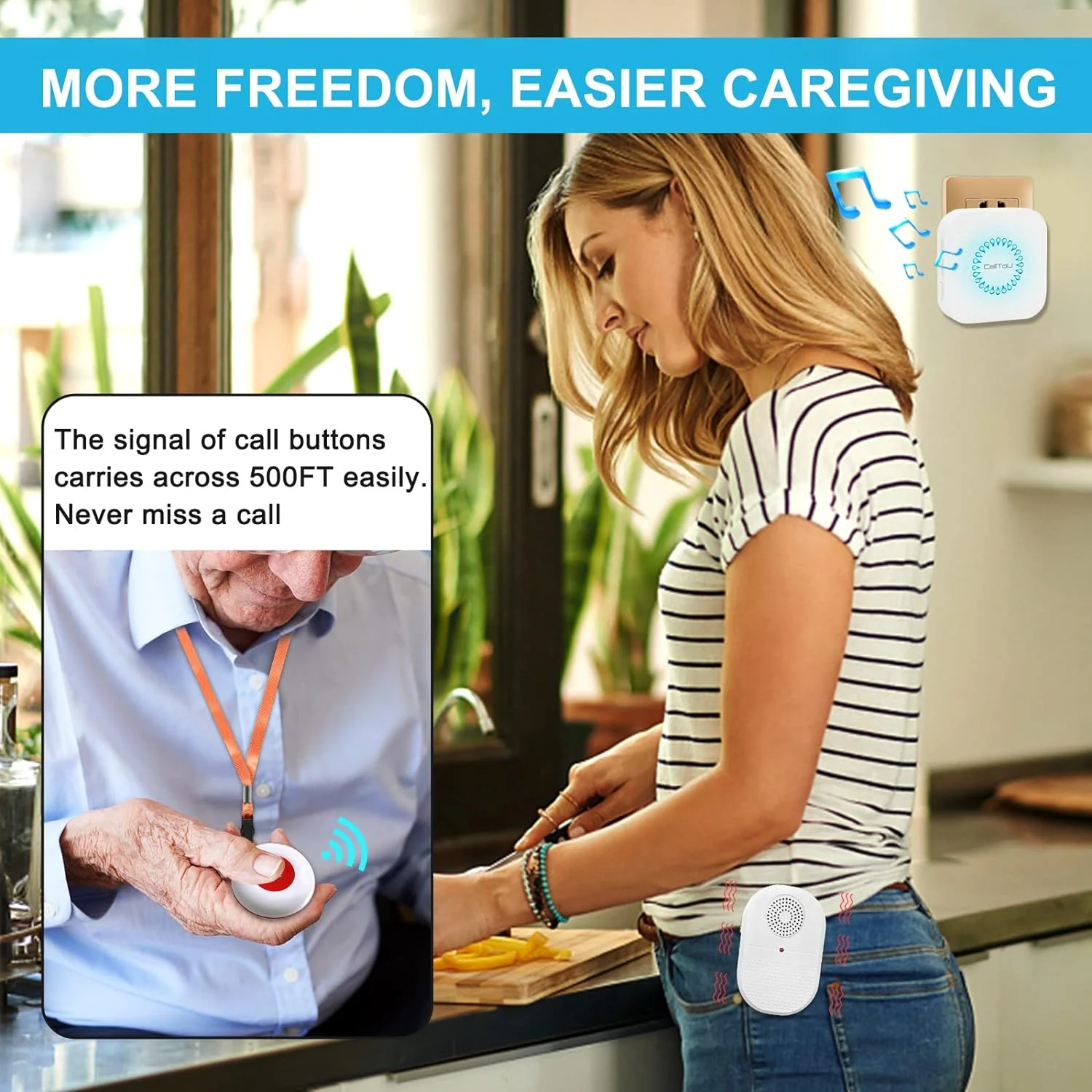 Caregiver Pager Wireless Call Button for Hard of Hearing Waterproof 500FT Vibration Nurse Calling Alert System for Home Elderly Monitoring Disabled/Patient/Seniors (2+2) - Image 2