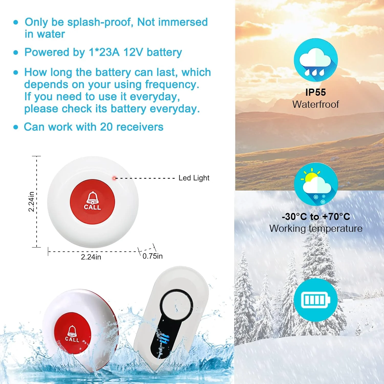 Caregiver Pager Wireless Call Button for Hard of Hearing Waterproof 500FT Vibration Nurse Calling Alert System for Home Elderly Monitoring Disabled/Patient/Seniors (2+2) - Image 4