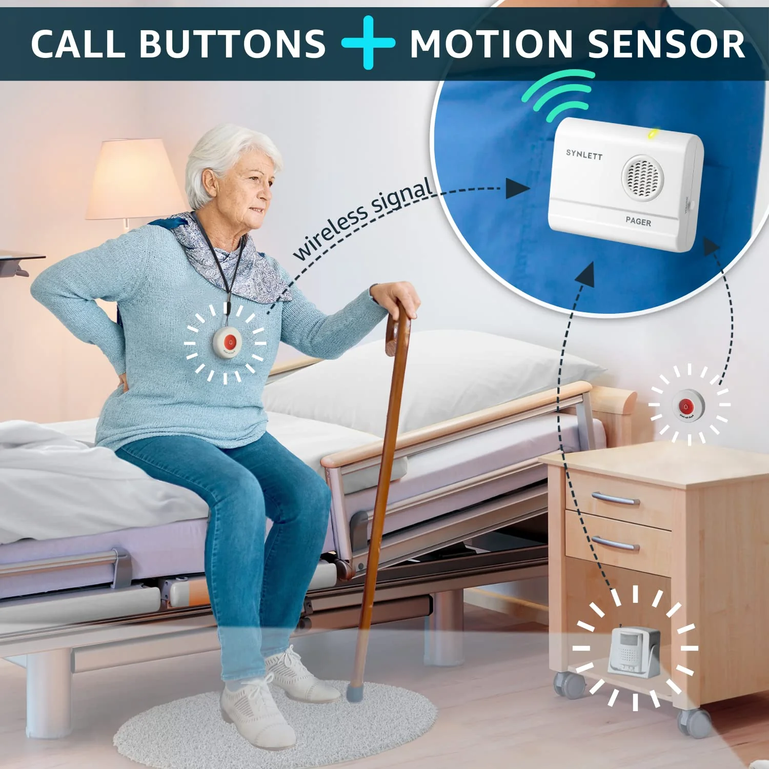Caregiver Pager Wireless Call Buttons Motion Sensor Alarm Indoor for Elderly Monitoring Fall Prevention Bed Alarm Alert System Portable Nurse Call for Seniors Dementia Patients Emergency 3 Transmitters 1 Receiver - Image 2